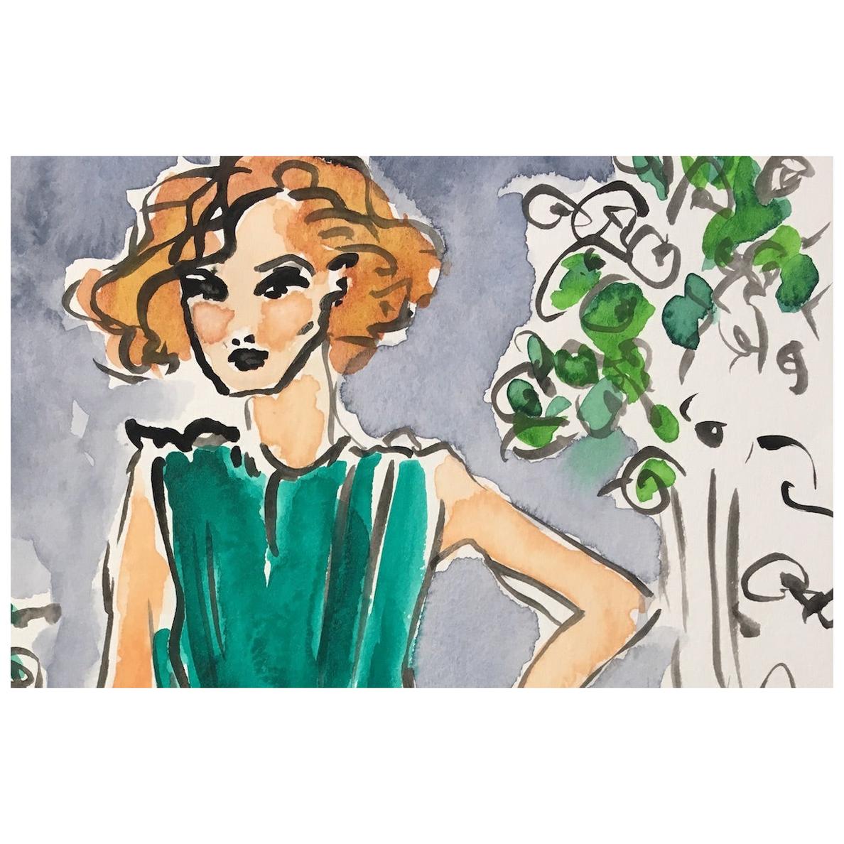 Green dress, 2018 by Manuel Santelices
One of a kind, watercolor on paper
Signed by the artist.
Image size: 10 in. H x 7 in. W
Unframed 

Manuel Santelices explores the world of fashion, society and pop culture through his illustrations. A
