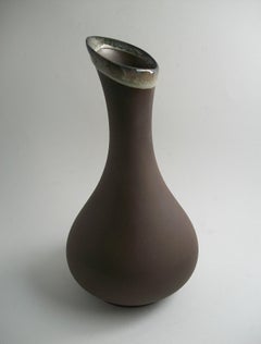 Green Earth, Vintage Studio Pottery Vase with Glazed Rim, Late 20th Century