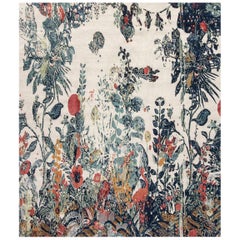 Contemporary Efflorescence Green and White Hand-knotted Silk and Cotton Rug