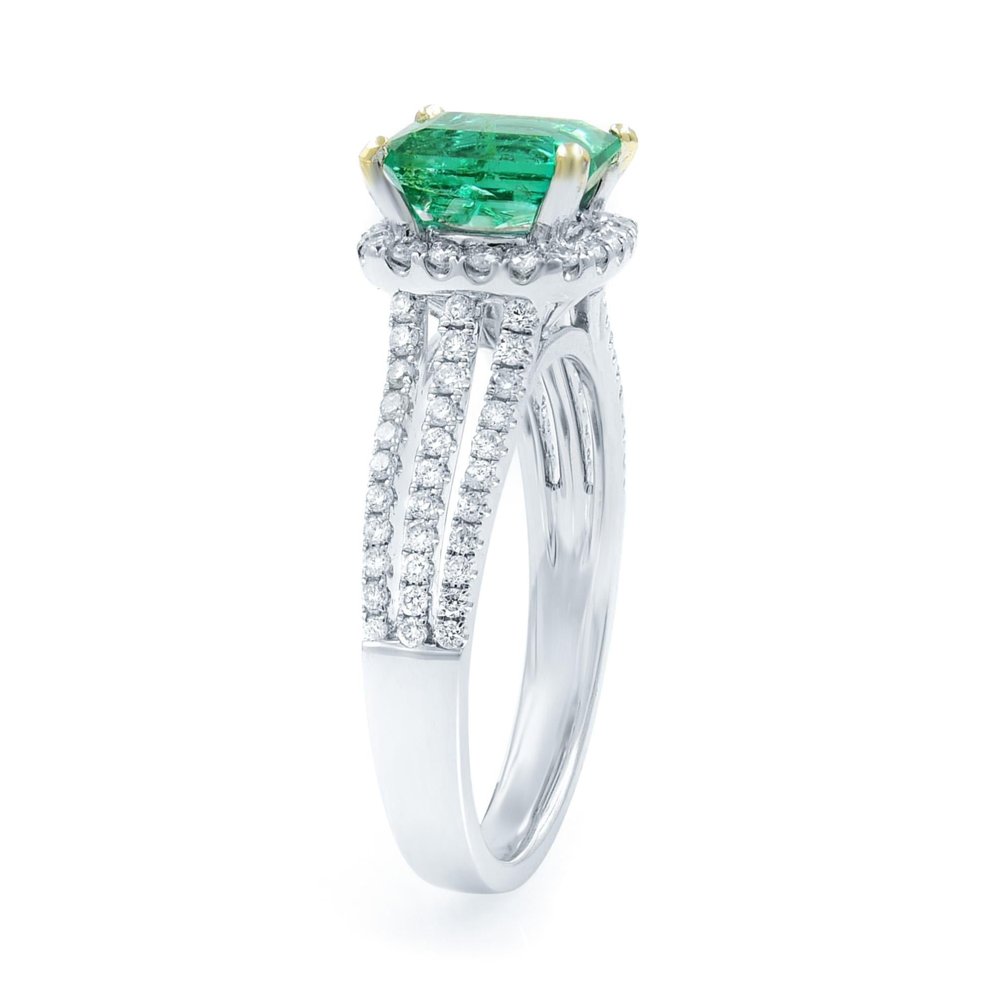 Emerald Cut Green Emerald 1.00 Cttw and Diamond 0.65 Cttw Halo Ring 18K White Gold For Sale