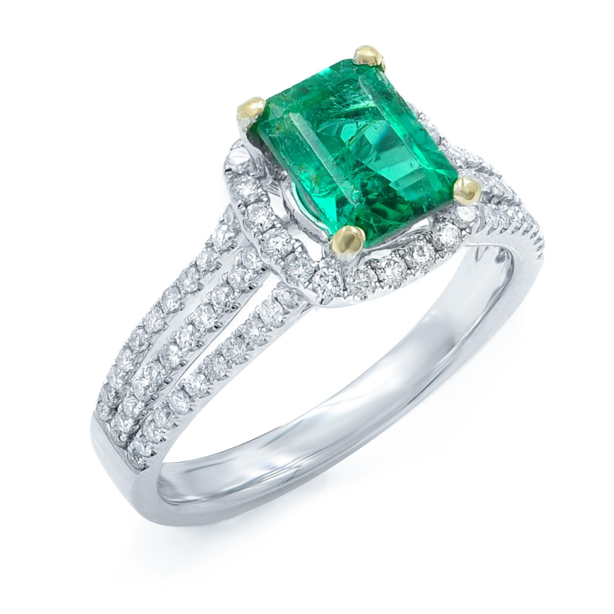 Women's Green Emerald 1.00 Cttw and Diamond 0.65 Cttw Halo Ring 18K White Gold For Sale