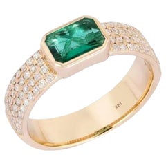 Green Emerald 14K (or 18k upon request) Yellow Gold Diamond Dome Ring