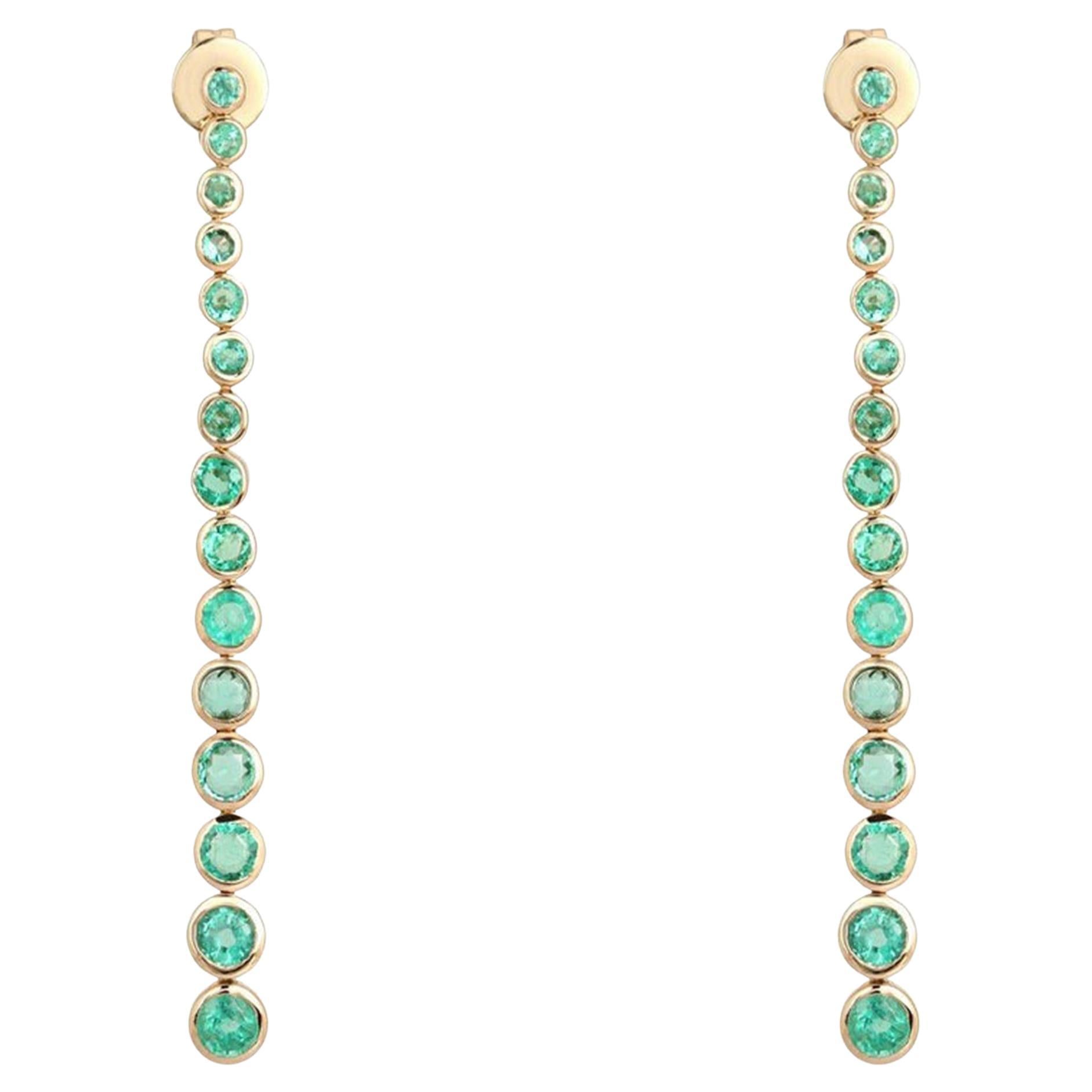 1.51ct Emerald Round 14K Yellow Gold Drop Earrings For Sale