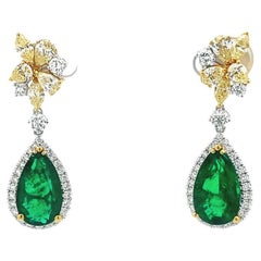 Green Emerald 8.19CT Yellow D. 2.07CT White D. 1.45CT Drop Fancy Earrings 18KW