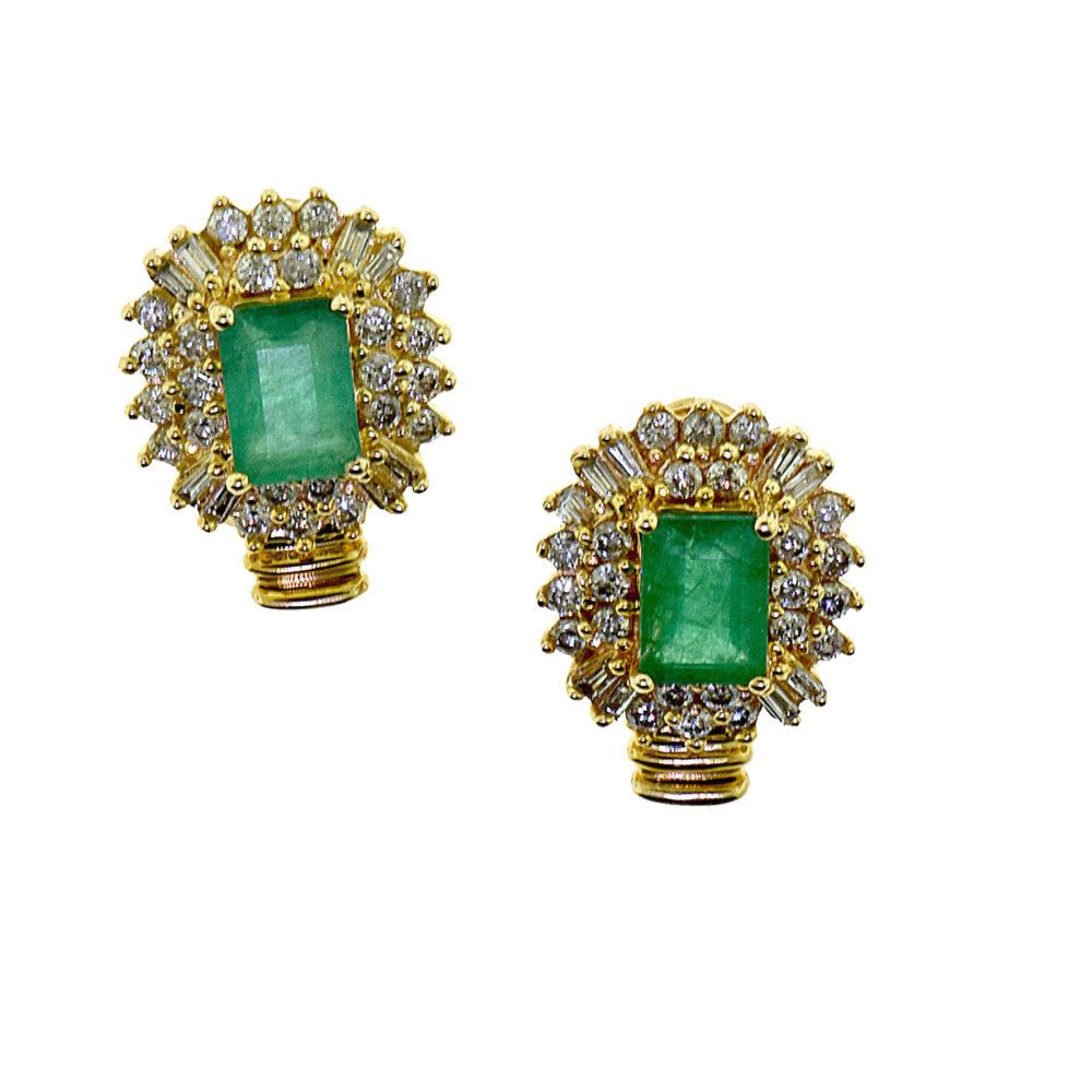 Round Cut Green Emerald and Baguette Round Diamond Cluster Gold Earrings For Sale