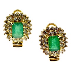 Green Emerald and Baguette Round Diamond Cluster Gold Earrings