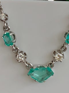 Green Emerald and Brilliant Cut Diamond 14 Karat White Gold Necklace