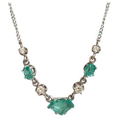 Green Emerald and Brilliant Cut Diamond 14 Karat White Gold Necklace