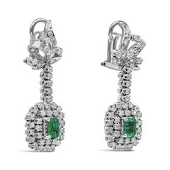 1.20 Carats Total Emerald Cut Green Emerald and Cluster Diamond Dangle Earrings