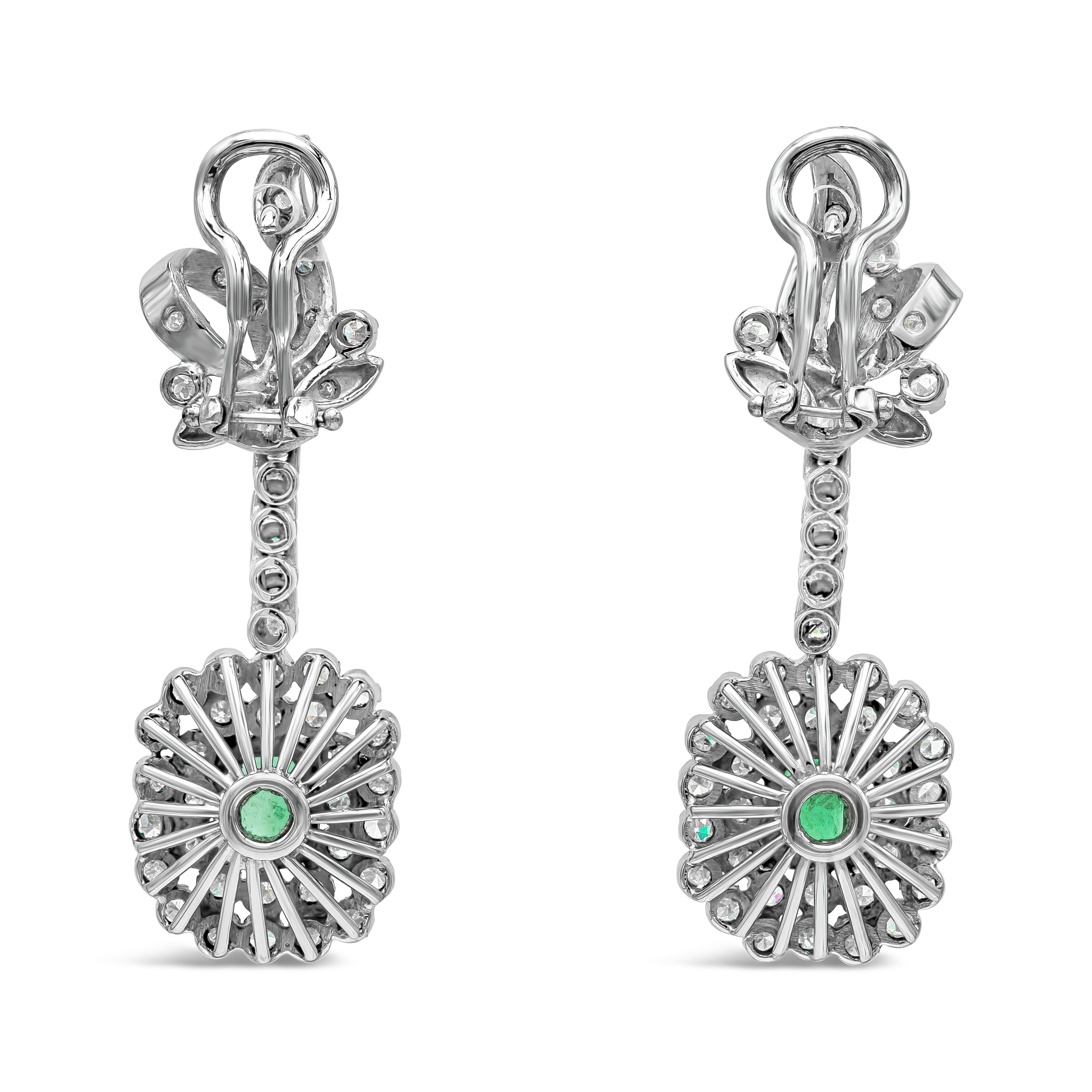 Green Emerald and Cluster Diamond Dangle Drop Earrings For Sale at 1stDibs