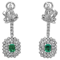 Vintage 1.20 Carats Total Emerald Cut Green Emerald and Cluster Diamond Dangle Earrings