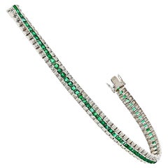Vintage Green Emerald and Diamond Bracelet 14 Karat White Gold