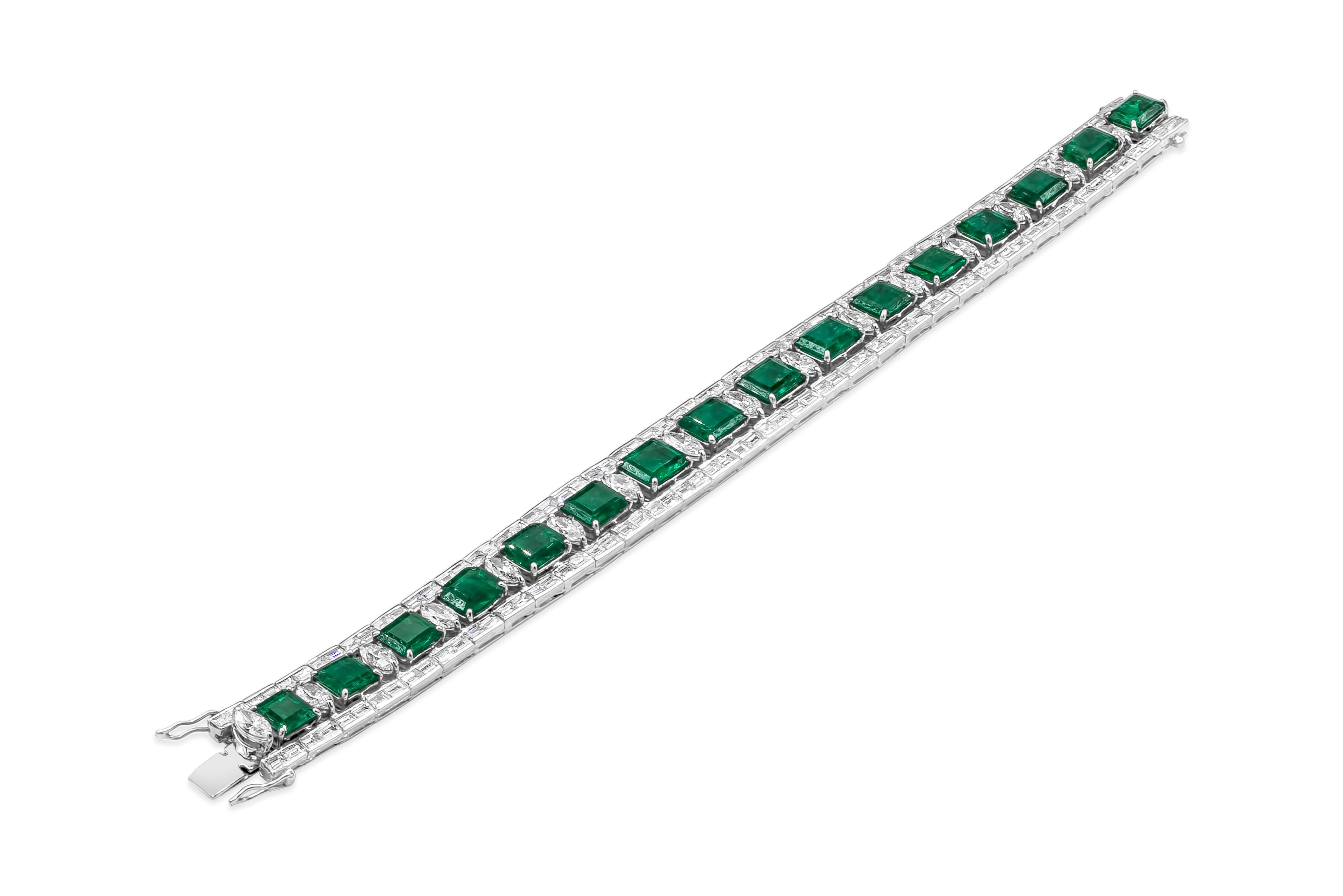 A well crafted and stylish high jewelry bracelet showcasing 16 vibrant green emerald gemstones weighing 21.41 carats total. Spaced by brilliant marquise cut diamonds in an open-work, 18k white gold design. Finished with baguette diamonds on each