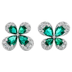 Green Emerald and Diamond Butterfly Shape Stud Earrings in White Gold