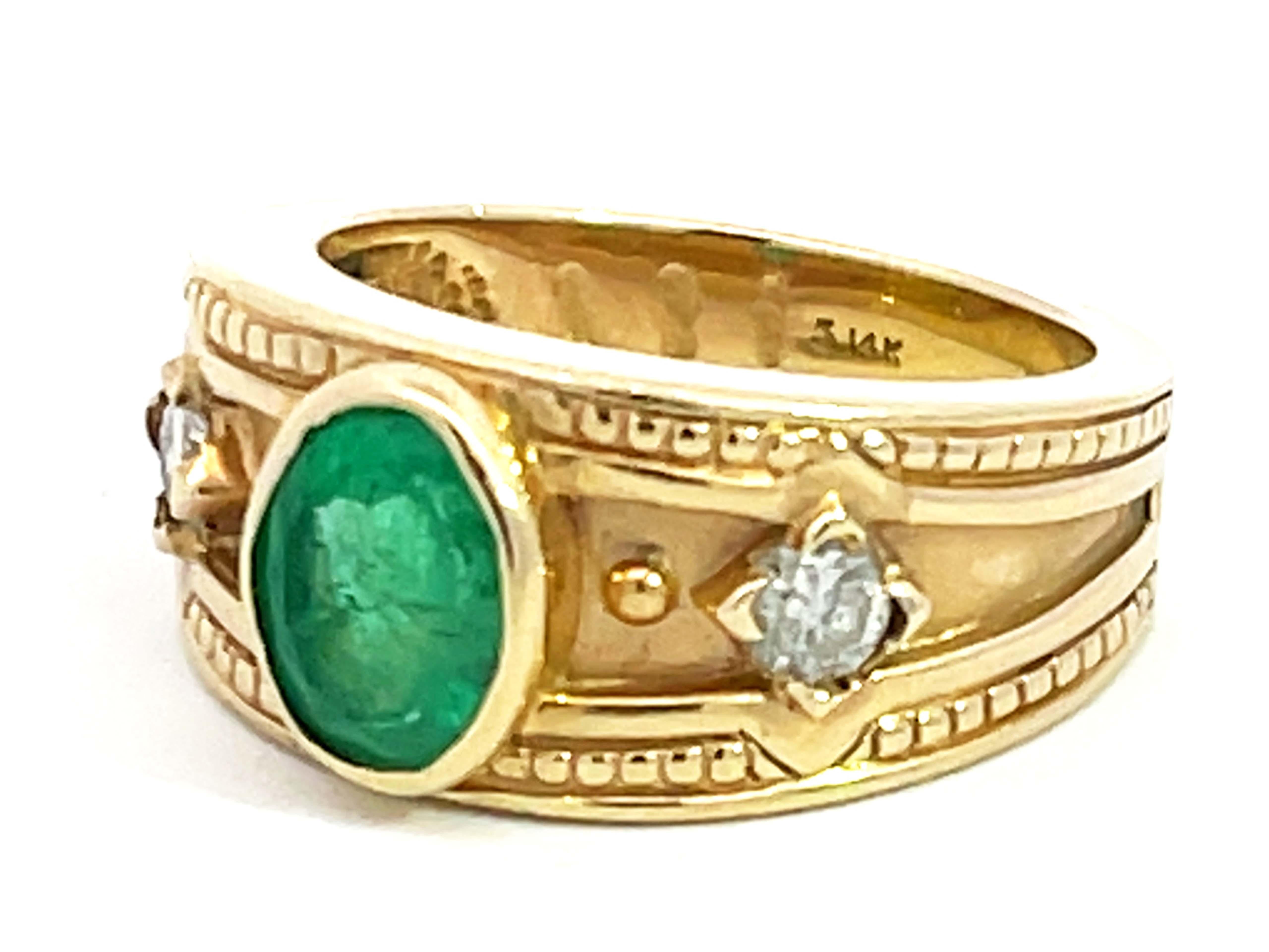 Modern Green Emerald and Diamond Cigar Band Ring in 14k Yellow Gold