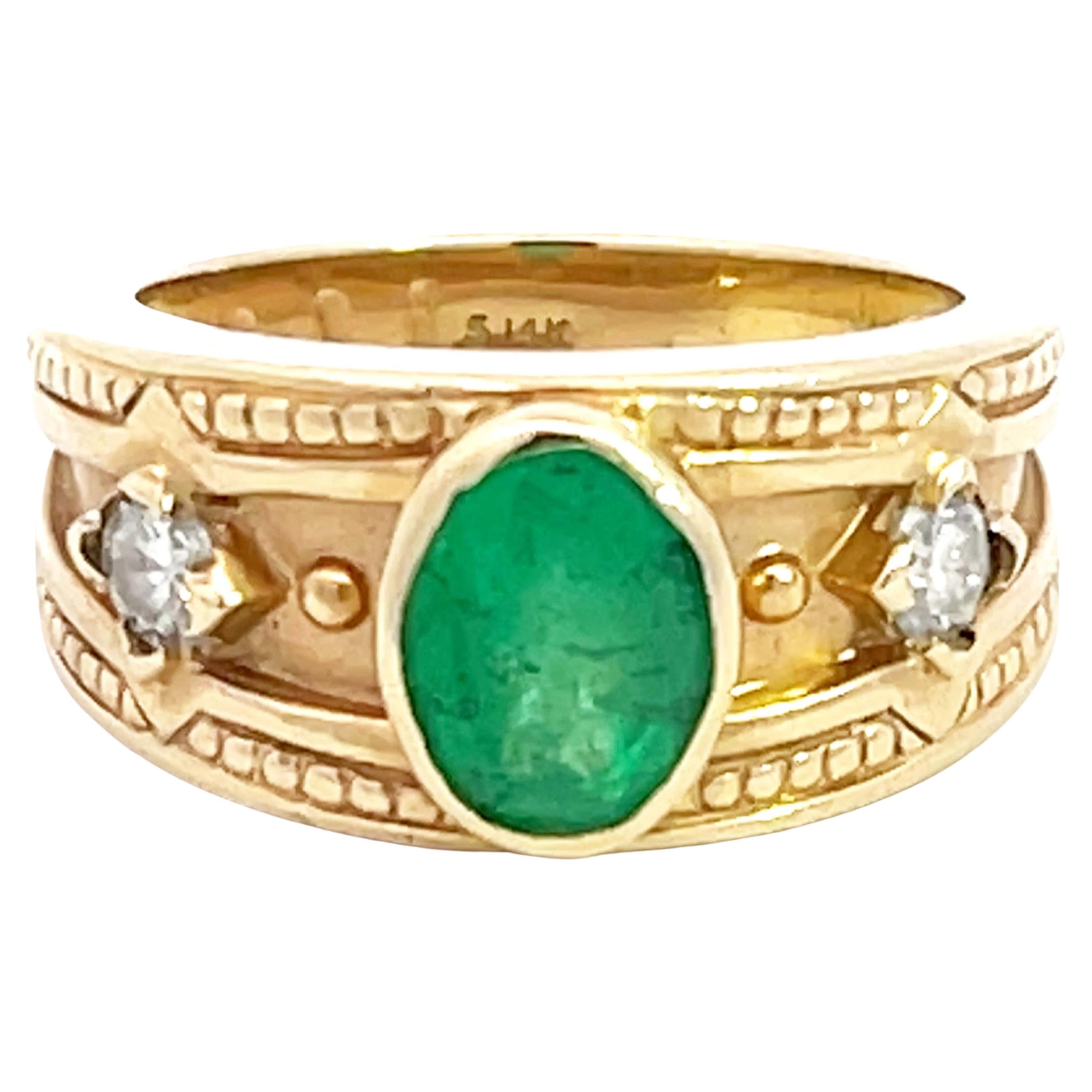 Green Emerald and Diamond Cigar Band Ring in 14k Yellow Gold