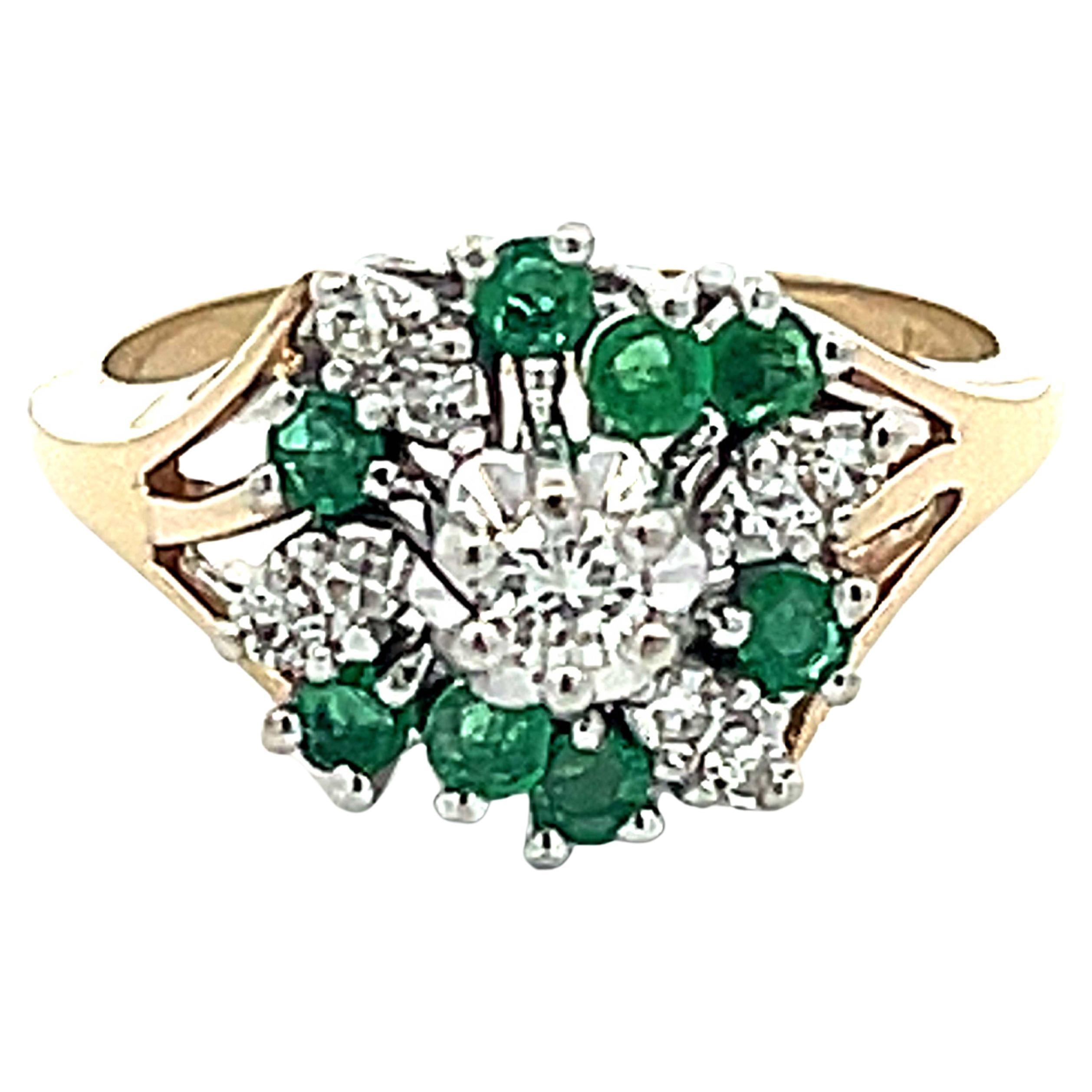 Green Emerald and Diamond Cluster Ring in 14k Gold For Sale