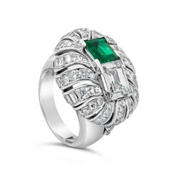 Vintage, 5.34 Carats Total Emerald Cut Colombian Emerald & Diamond Cocktail Ring