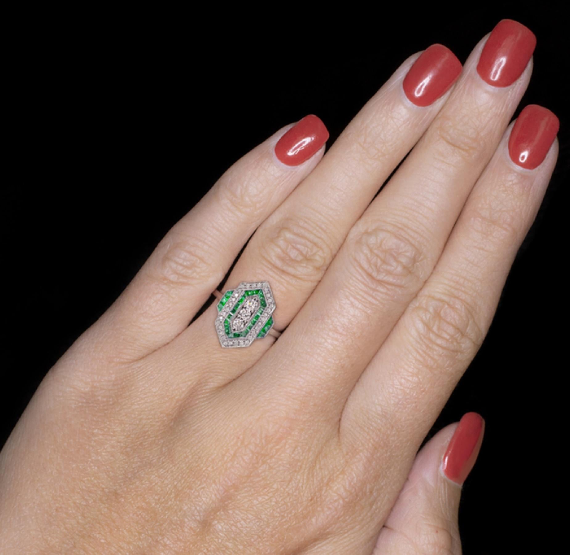 Emerald Cut Art Deco Style Green Emerald White Diamond Cocktail Ring