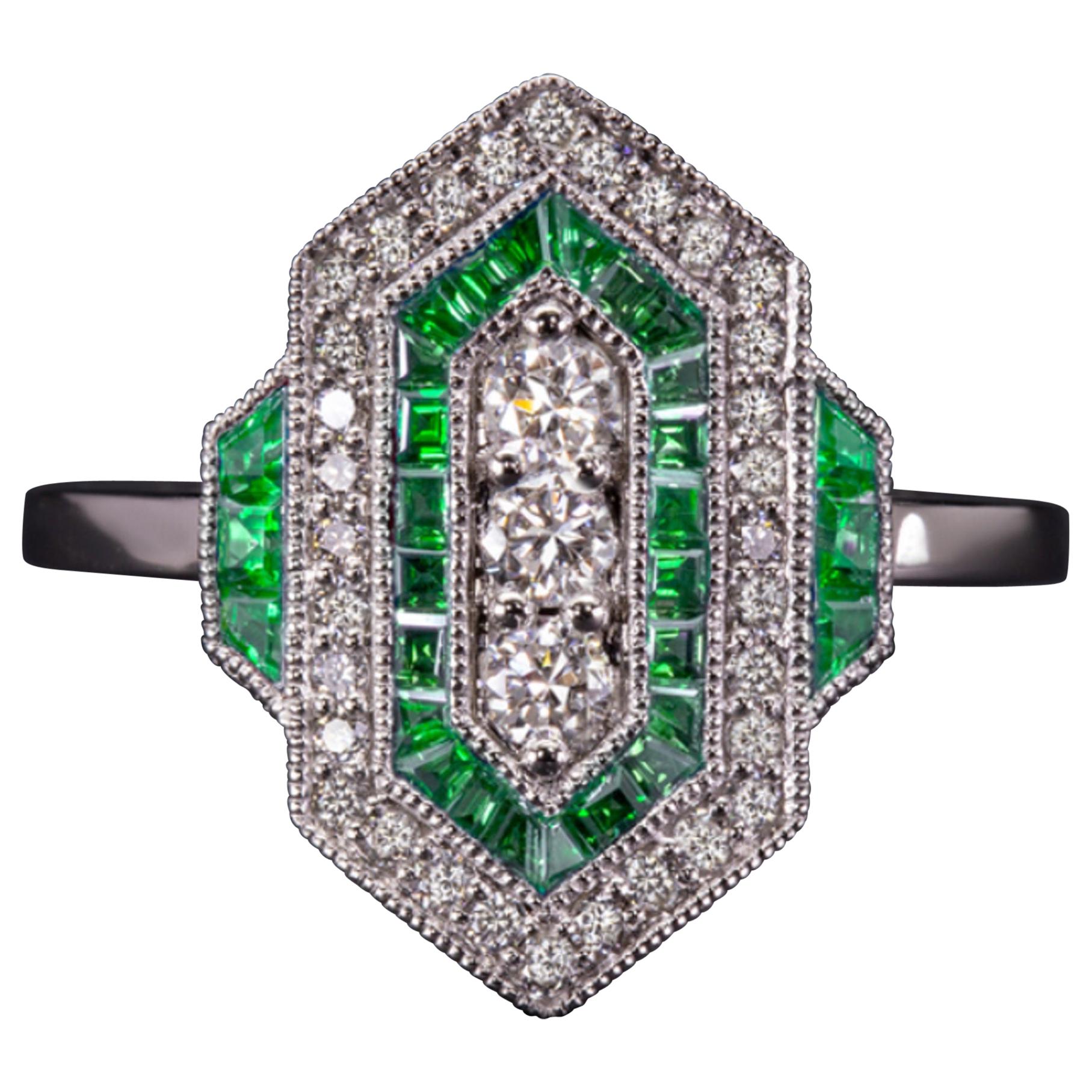 Art Deco Style Green Emerald White Diamond Cocktail Ring