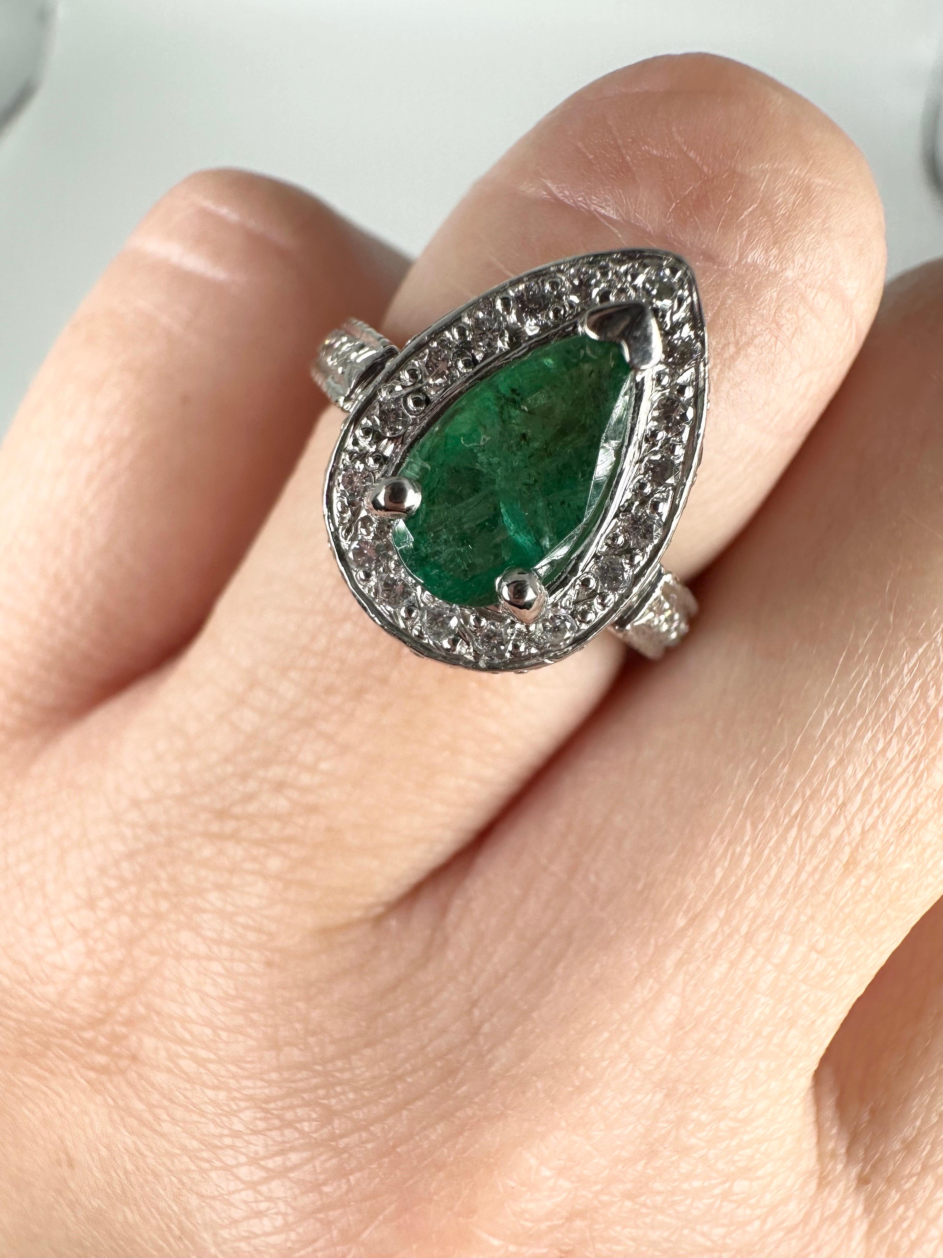 Green Emerald and Diamond Cocktail Ring Platinum Diamond Cocktail Ring For Sale 2