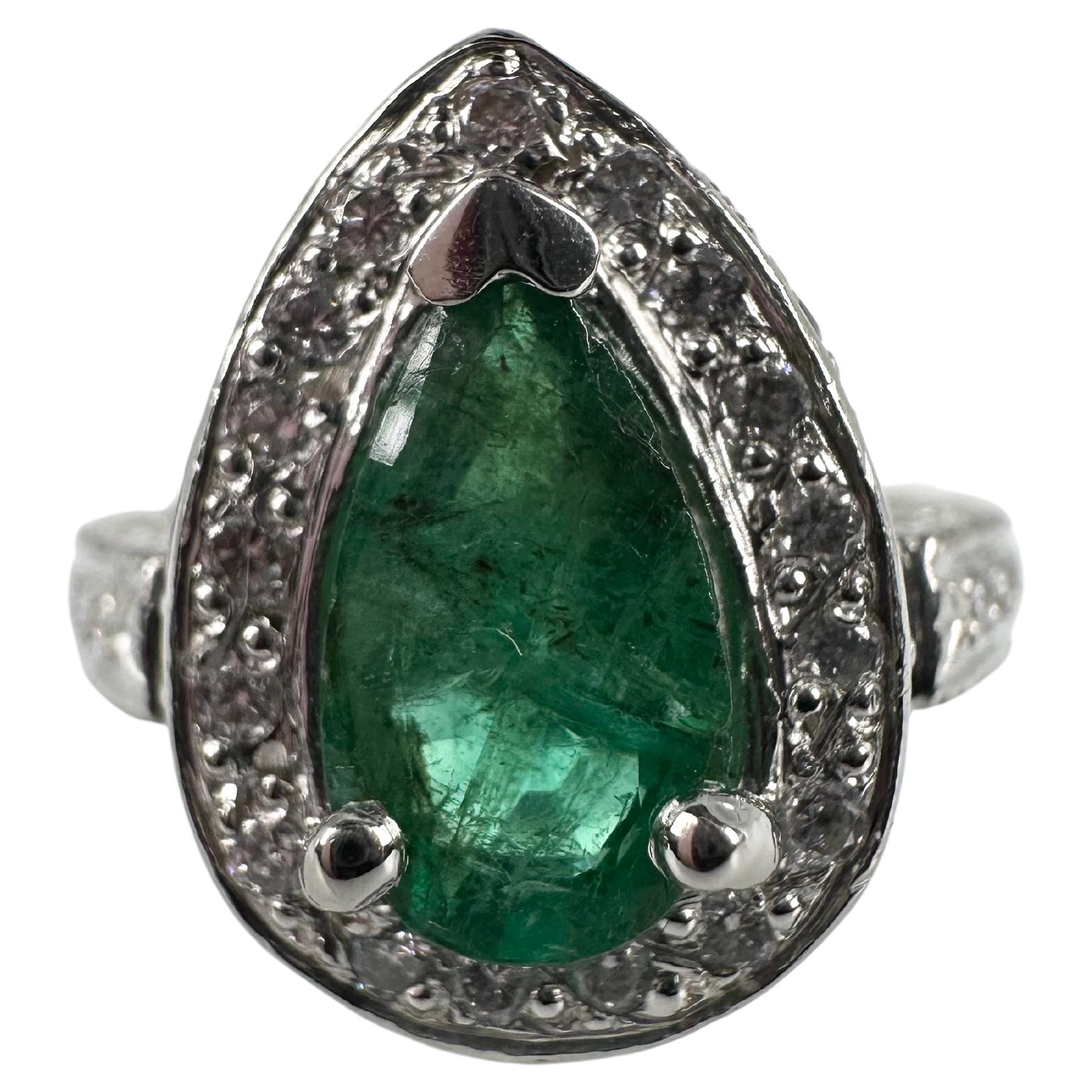 Green Emerald and Diamond Cocktail Ring Platinum Diamond Cocktail Ring For Sale