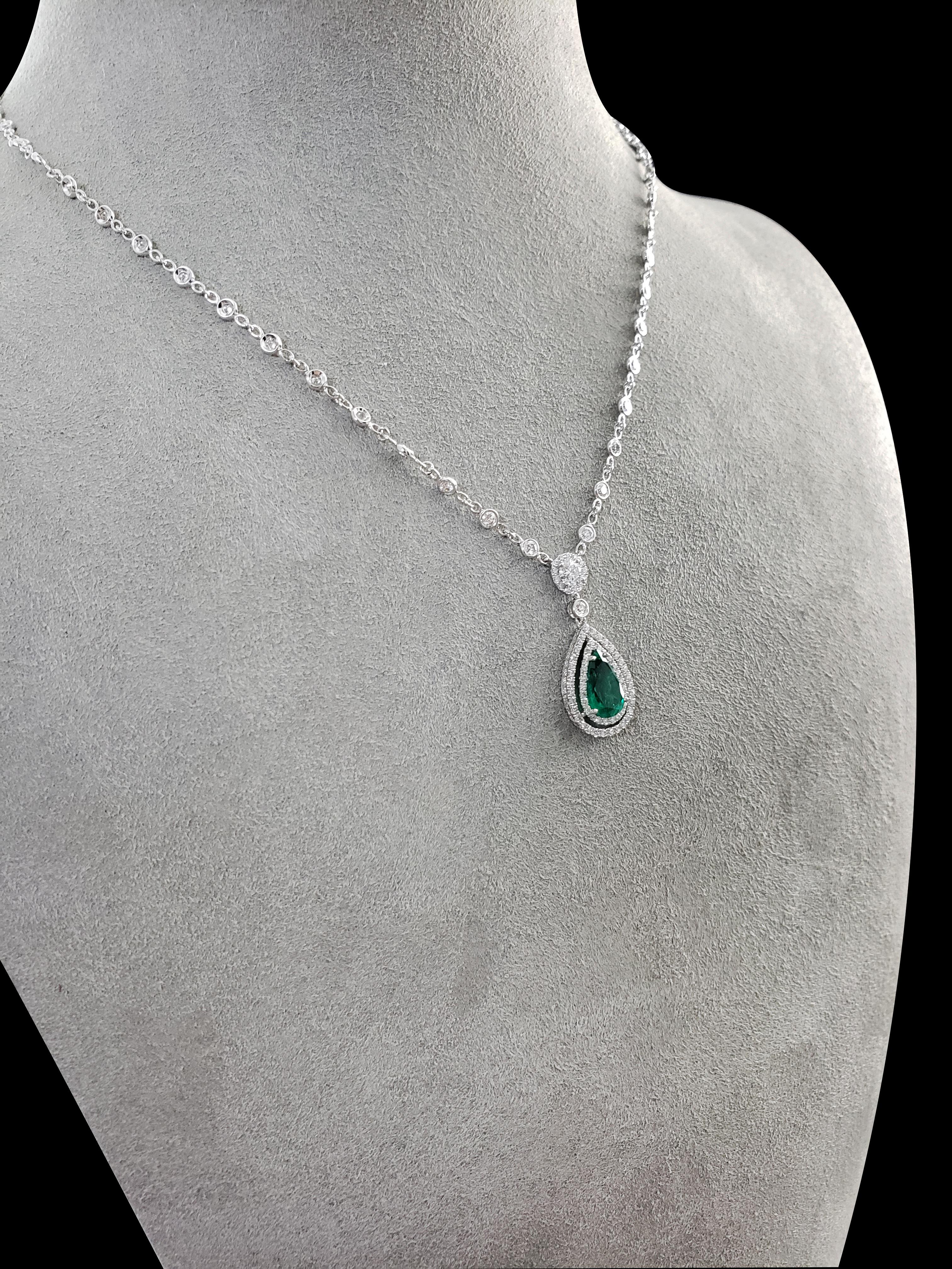 Contemporary Green Emerald and Diamond Double Halo Drop Necklace