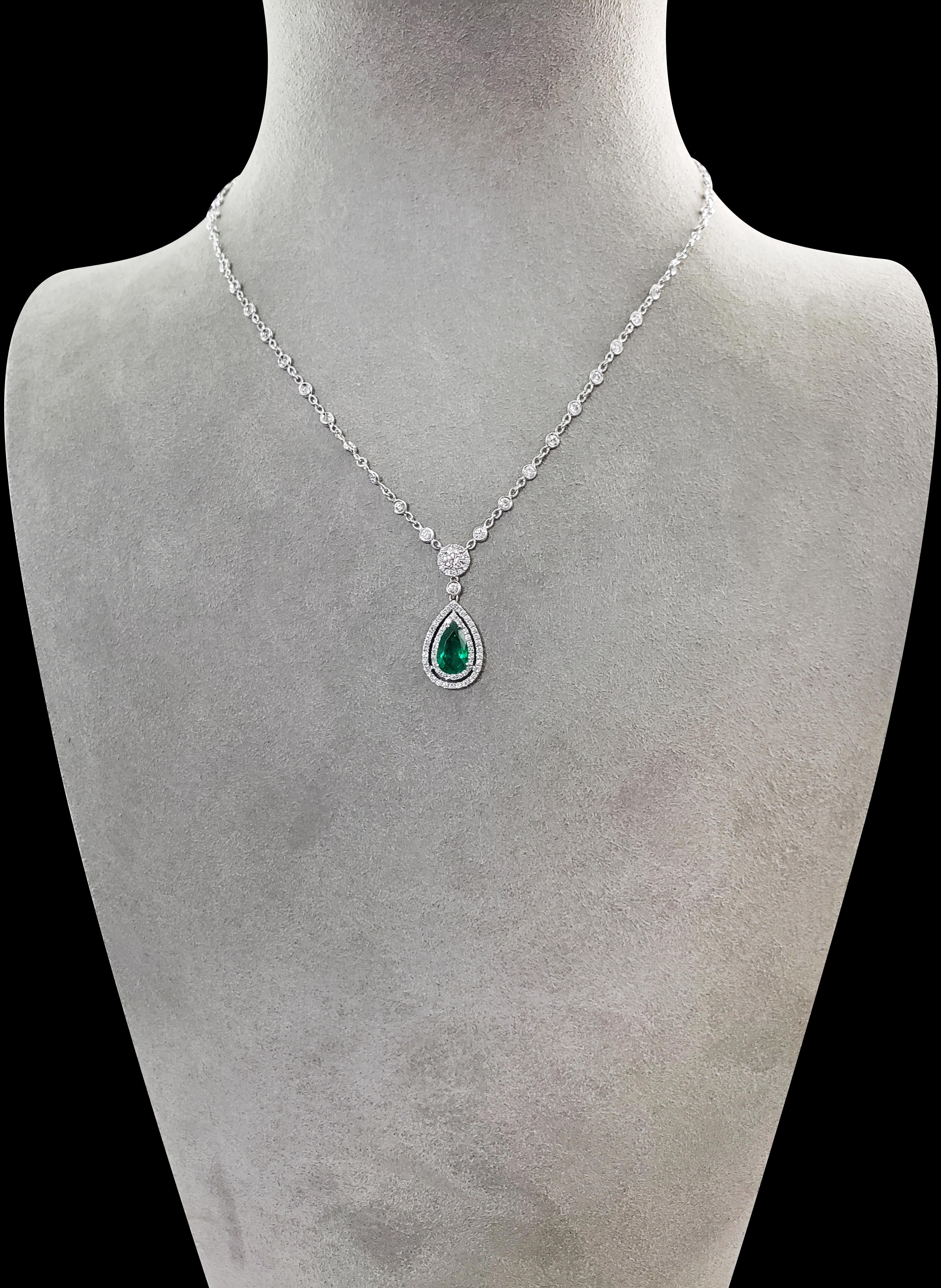 Pear Cut Green Emerald and Diamond Double Halo Drop Necklace