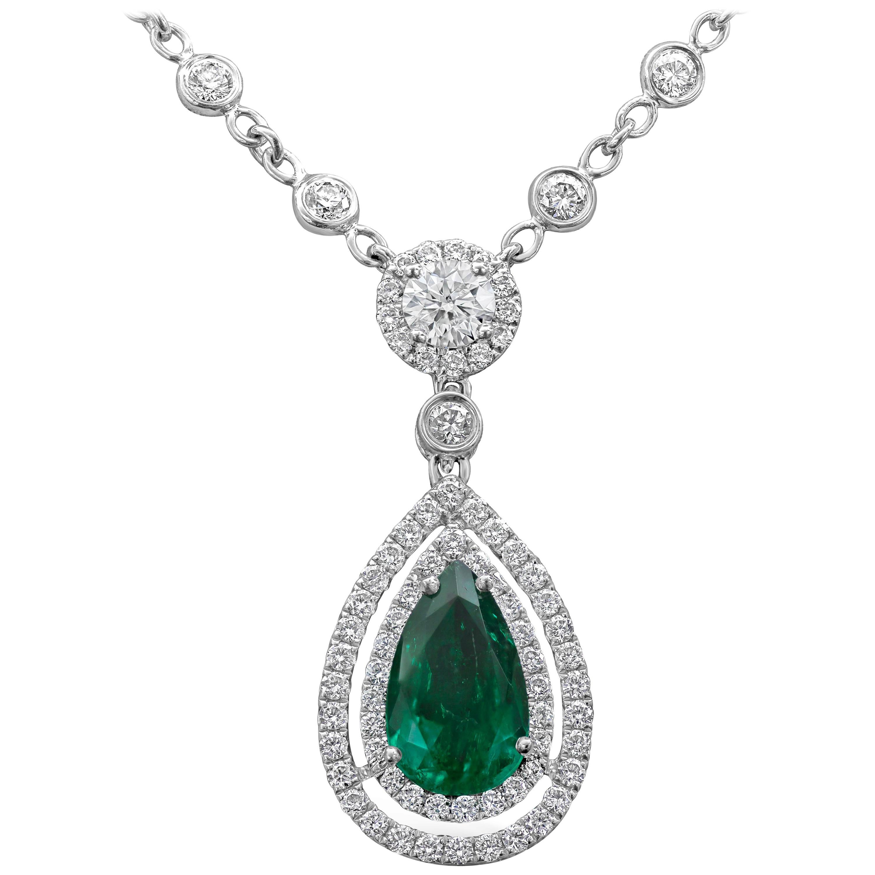 Green Emerald and Diamond Double Halo Drop Necklace