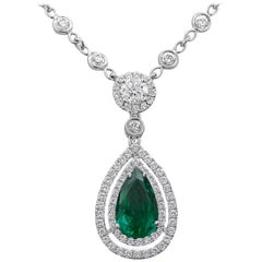 Green Emerald and Diamond Double Halo Drop Necklace