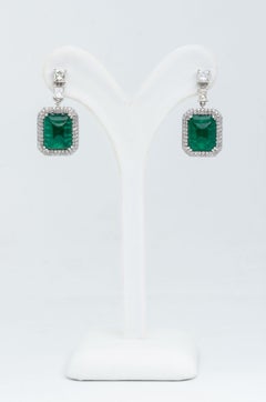 Green Emerald and Diamond Drop Earrings in 18 K White Gold