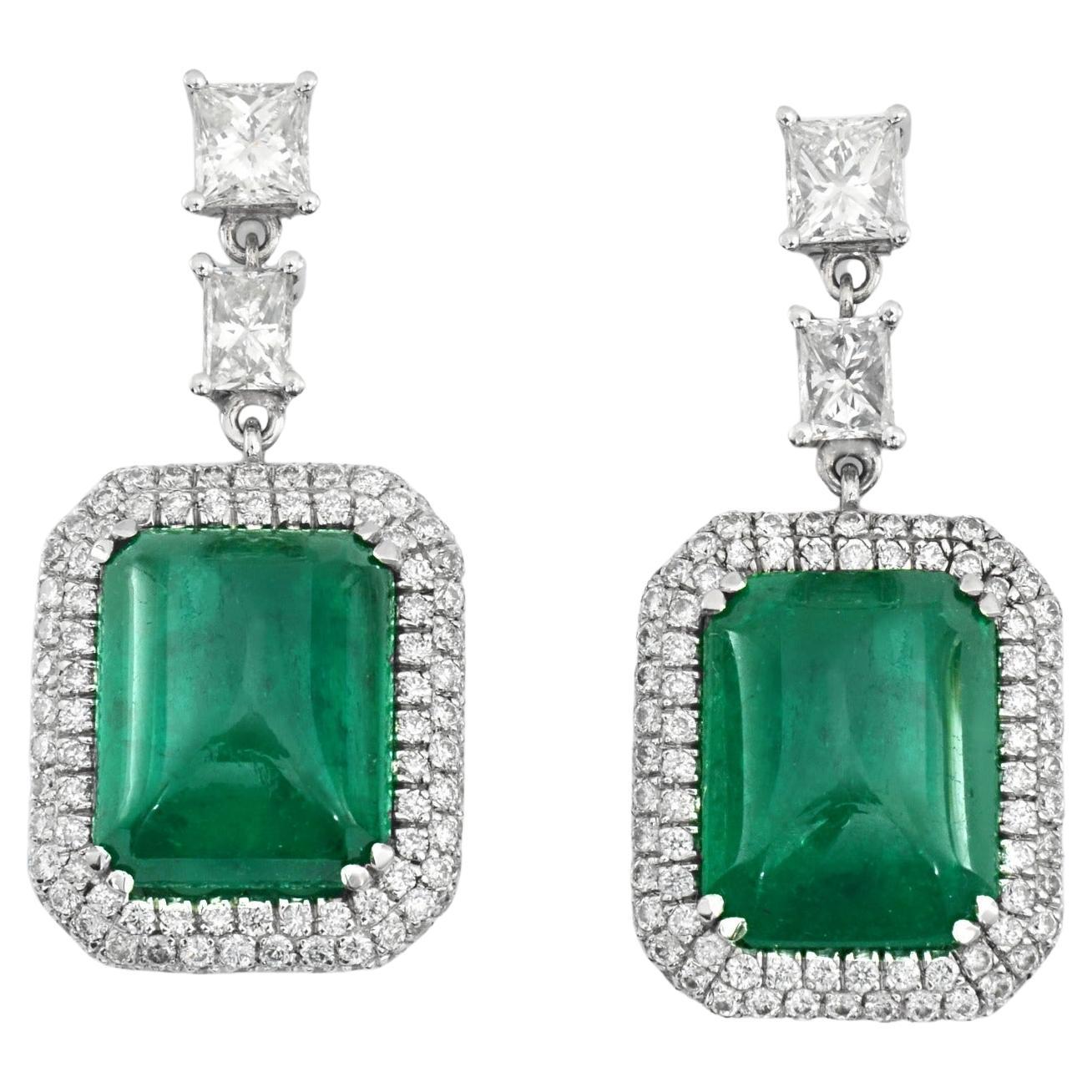 Green Emerald and Diamond Drop Earrings in 18 K White Gold For Sale