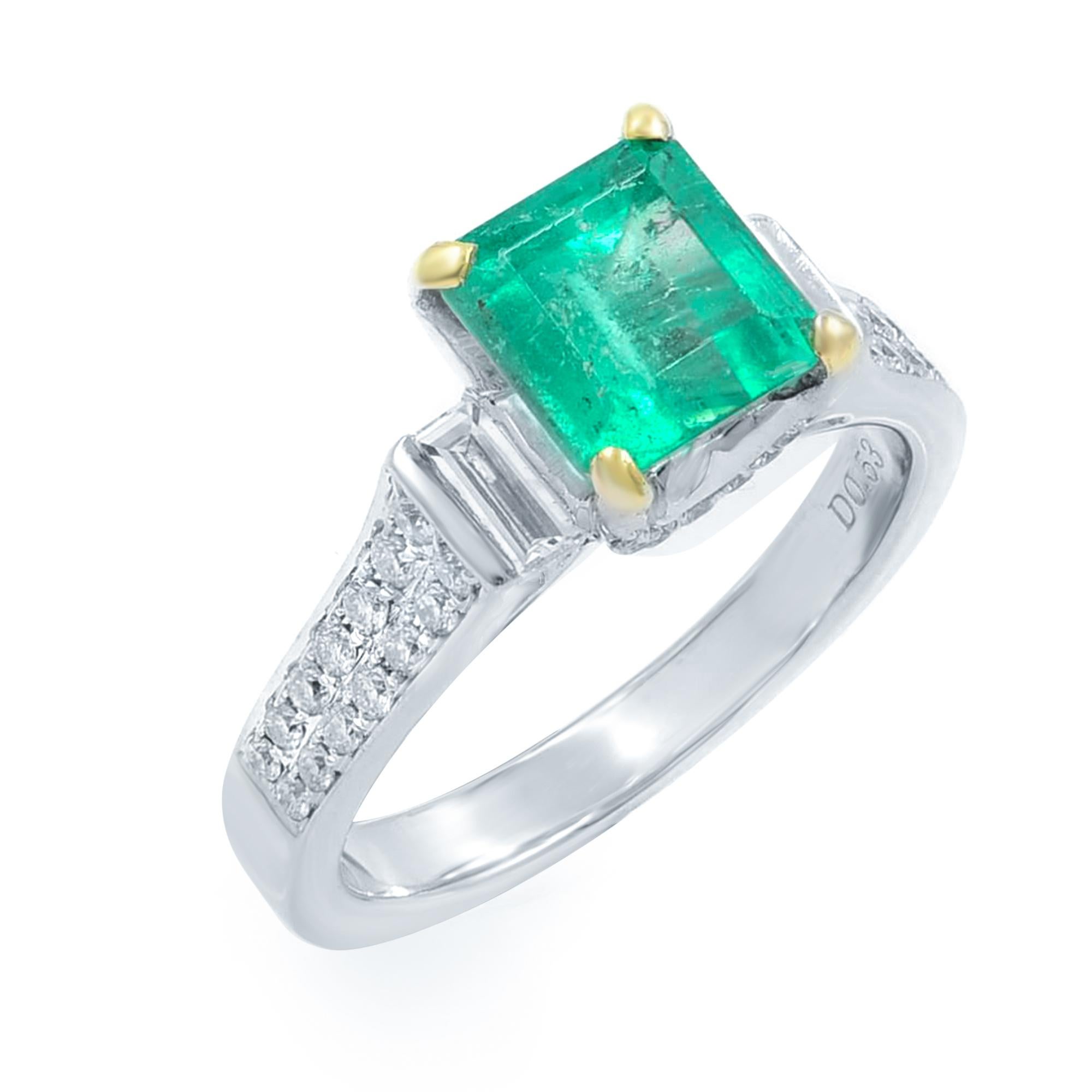 Modern Green Emerald and Diamond Engagement Ring 18K White Gold 1.71Cttw For Sale