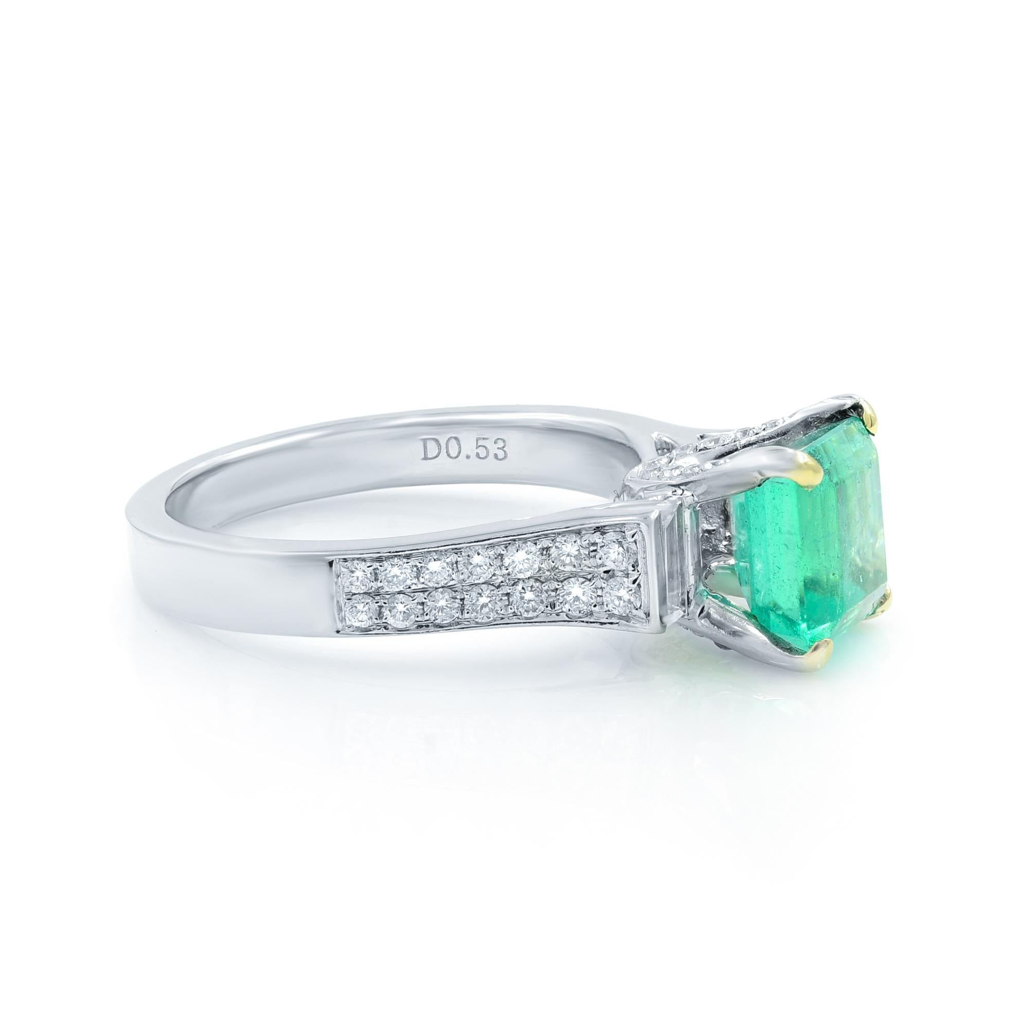 Emerald Cut Green Emerald and Diamond Engagement Ring 18K White Gold 1.71Cttw For Sale