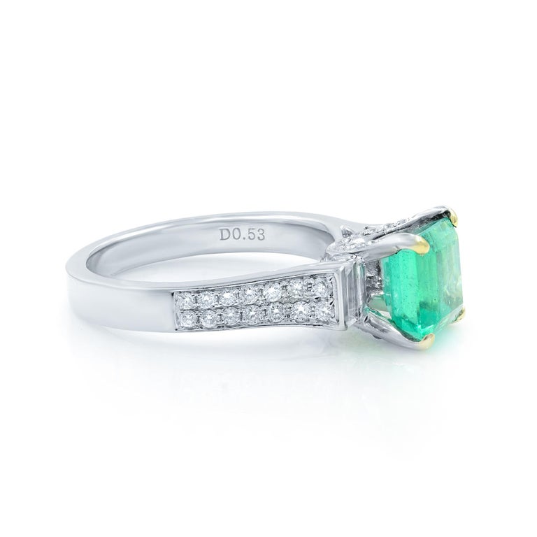 Green Emerald and Diamond Engagement Ring 18K White Gold 1.71Cttw For