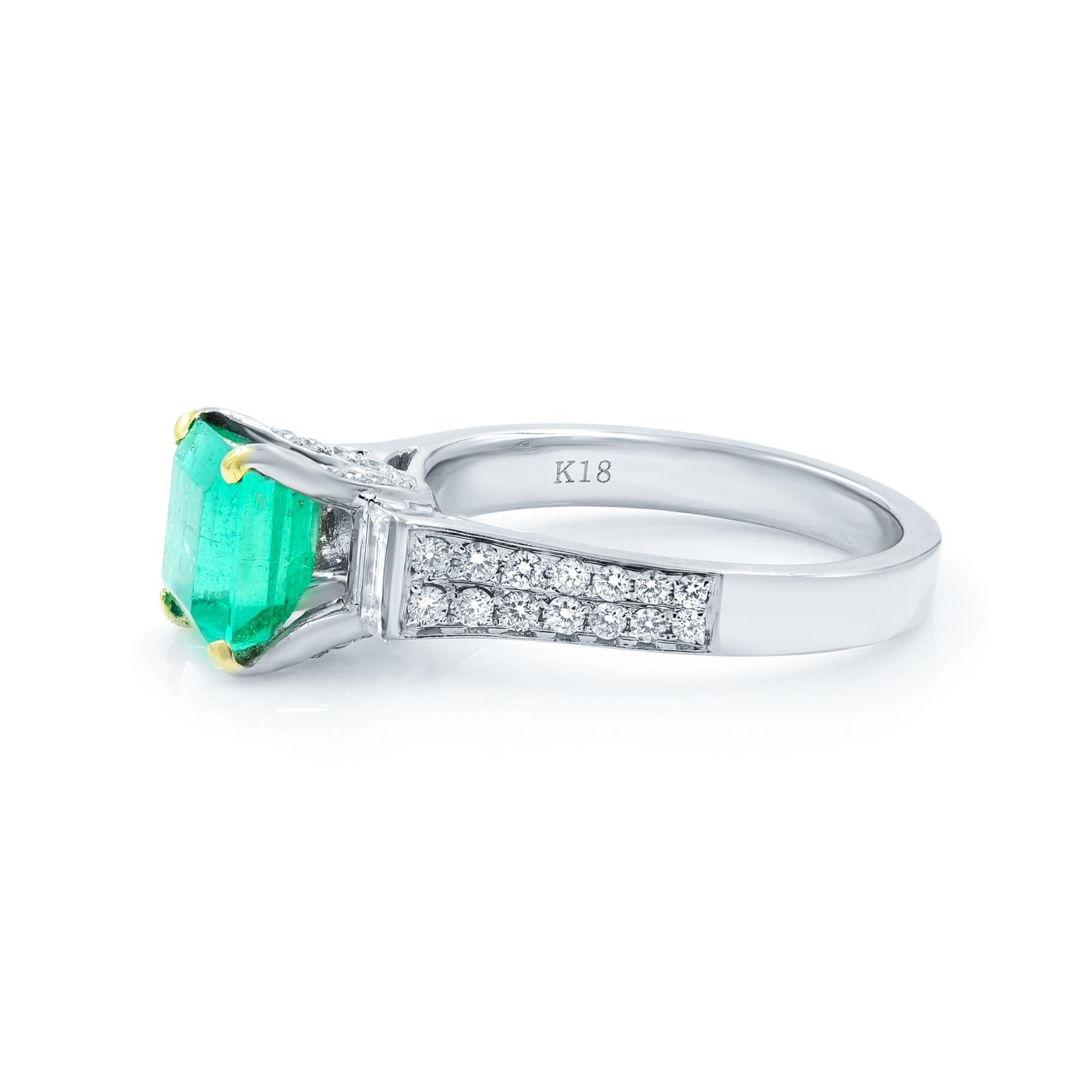 Women's Green Emerald and Diamond Engagement Ring 18K White Gold 1.71Cttw For Sale