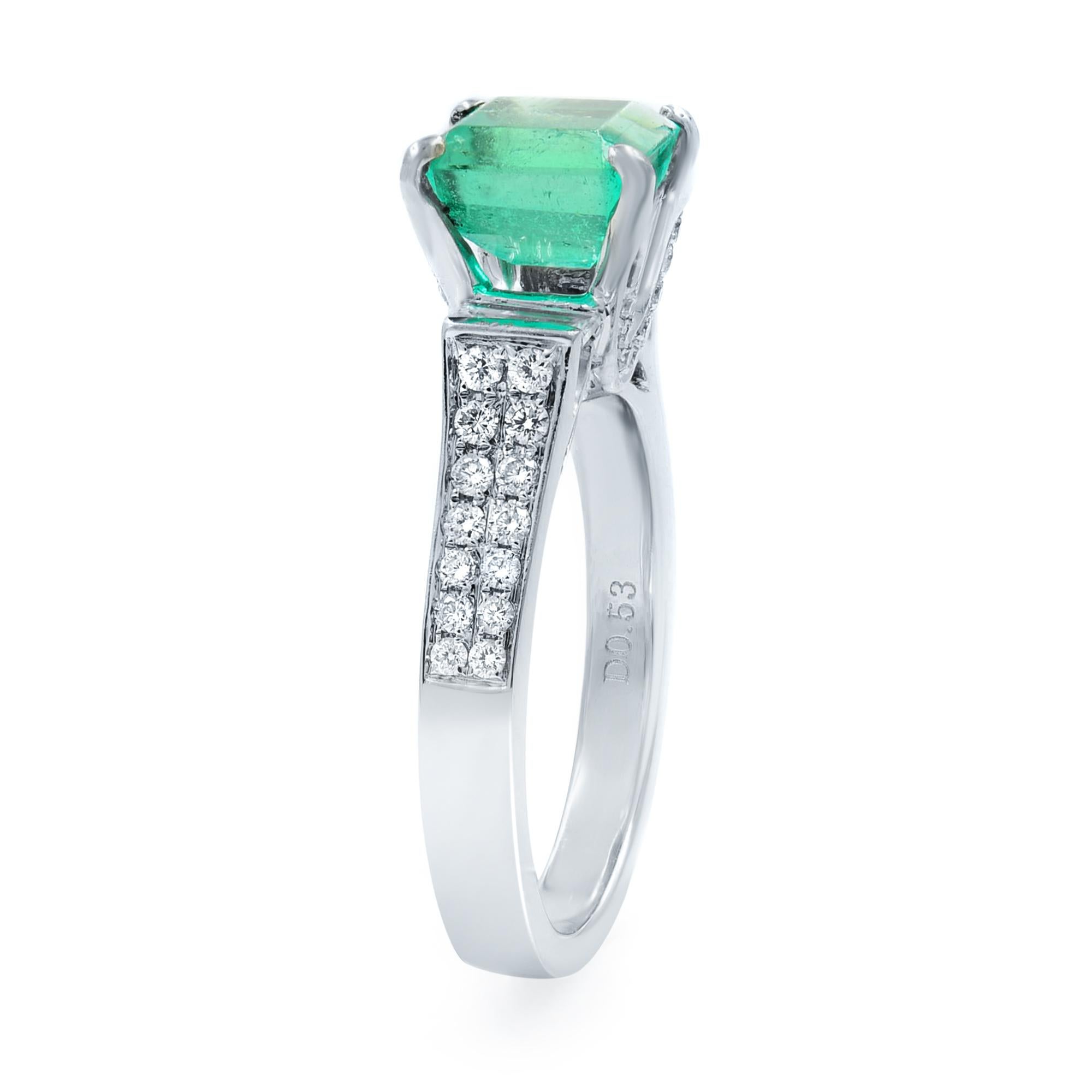 Green Emerald and Diamond Engagement Ring 18K White Gold 1.71Cttw For Sale 1