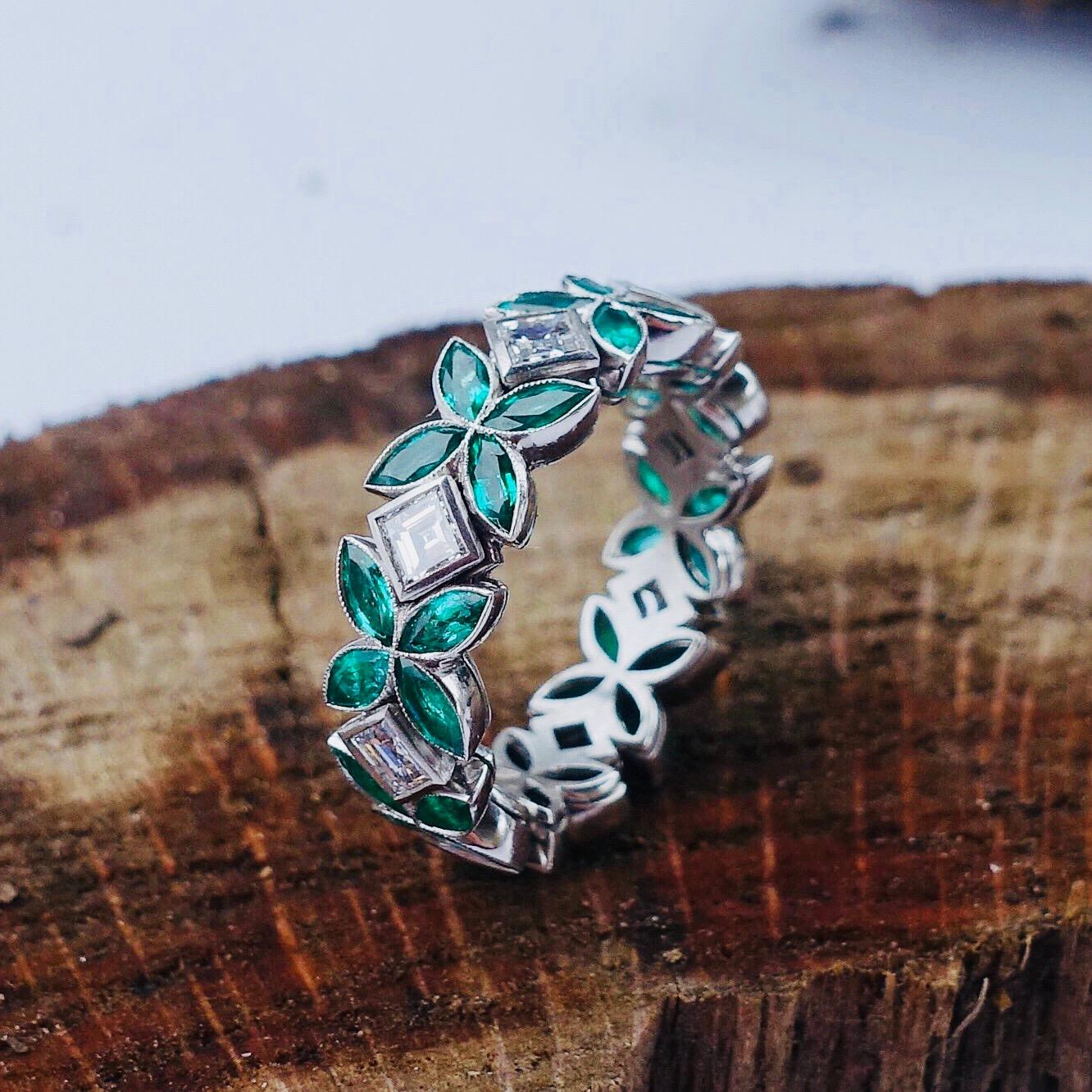 Modern Green Emerald and Diamond Eternity Stackable Set of 3 Ring Platinum