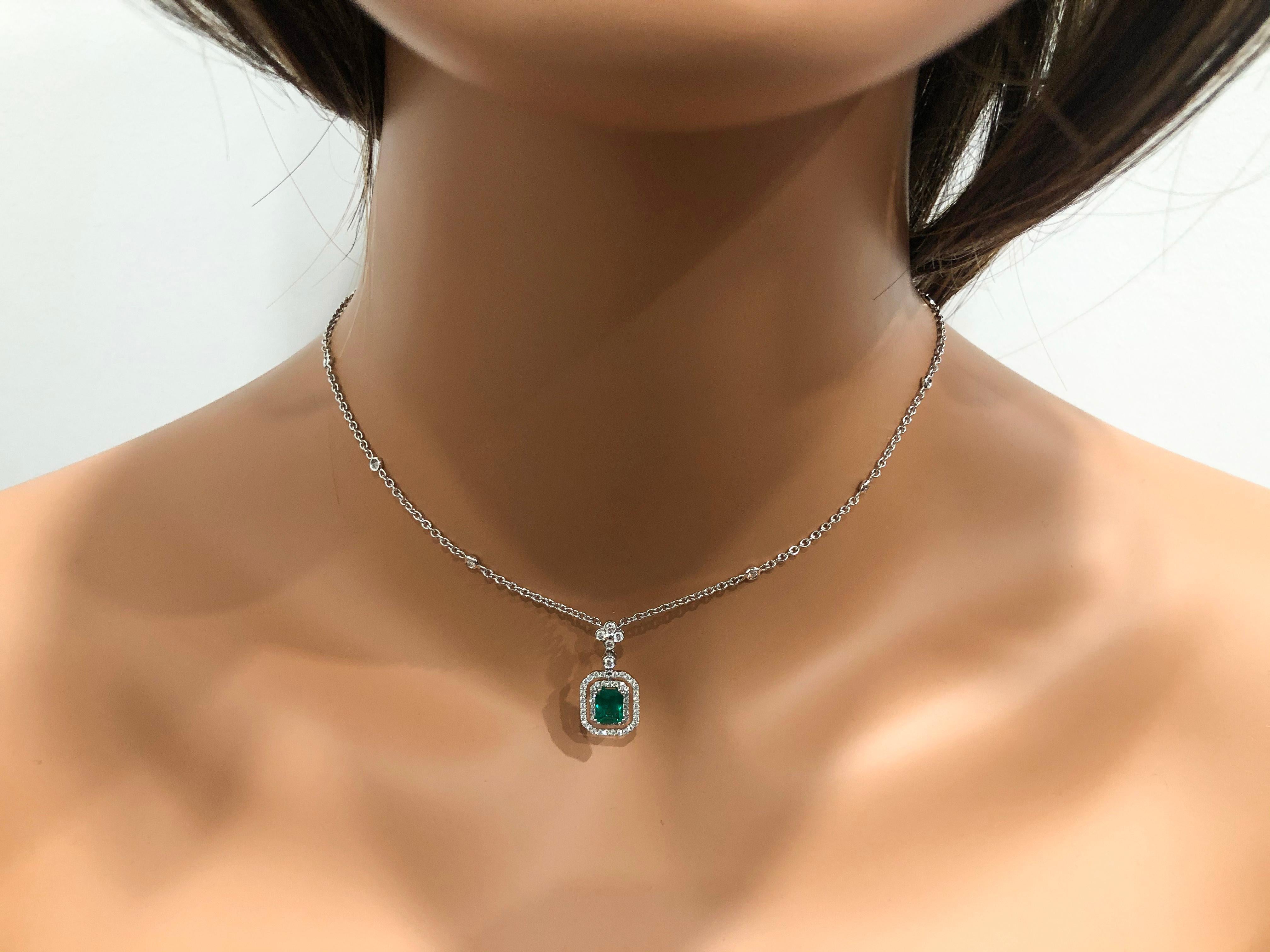 Modern  Roman Malakov, Green Emerald and Diamond Halo Drop Necklace