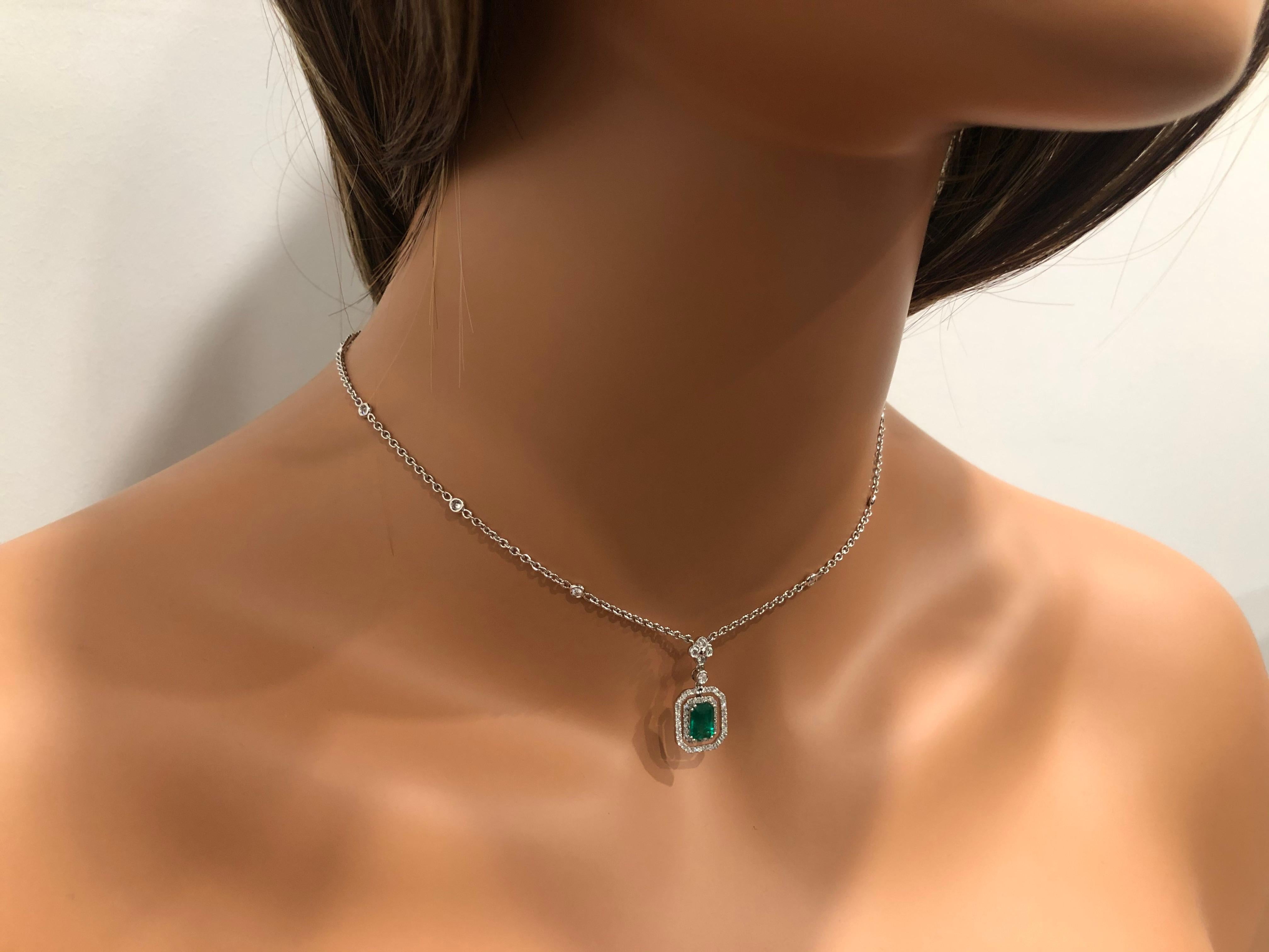 Emerald Cut  Roman Malakov, Green Emerald and Diamond Halo Drop Necklace