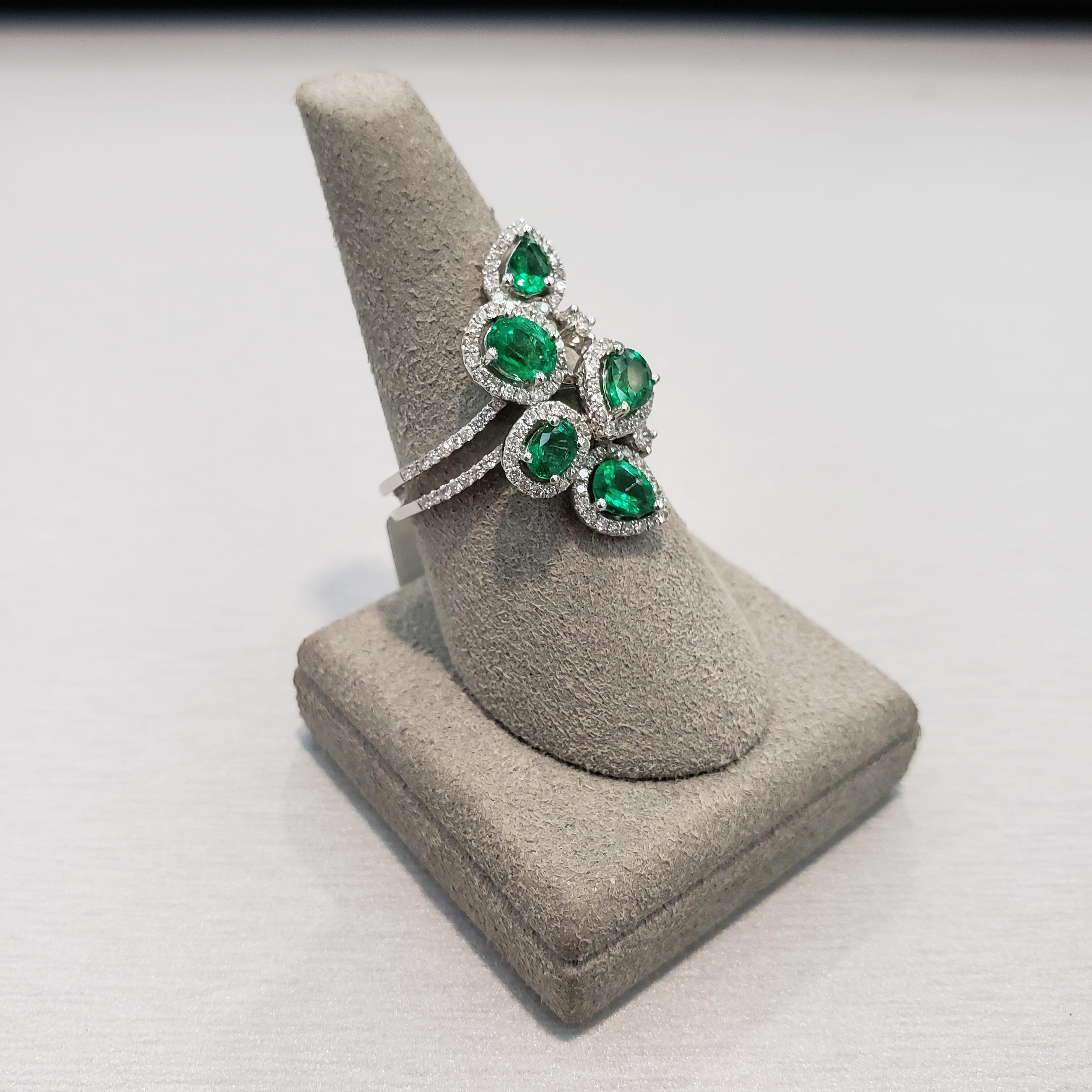 Mixed Cut Green Emerald and Diamond Halo Fashion Ring