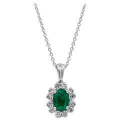 Roman Malakov 0.71 Carat Oval Cut Green Emerald and Diamond Pendant Necklace