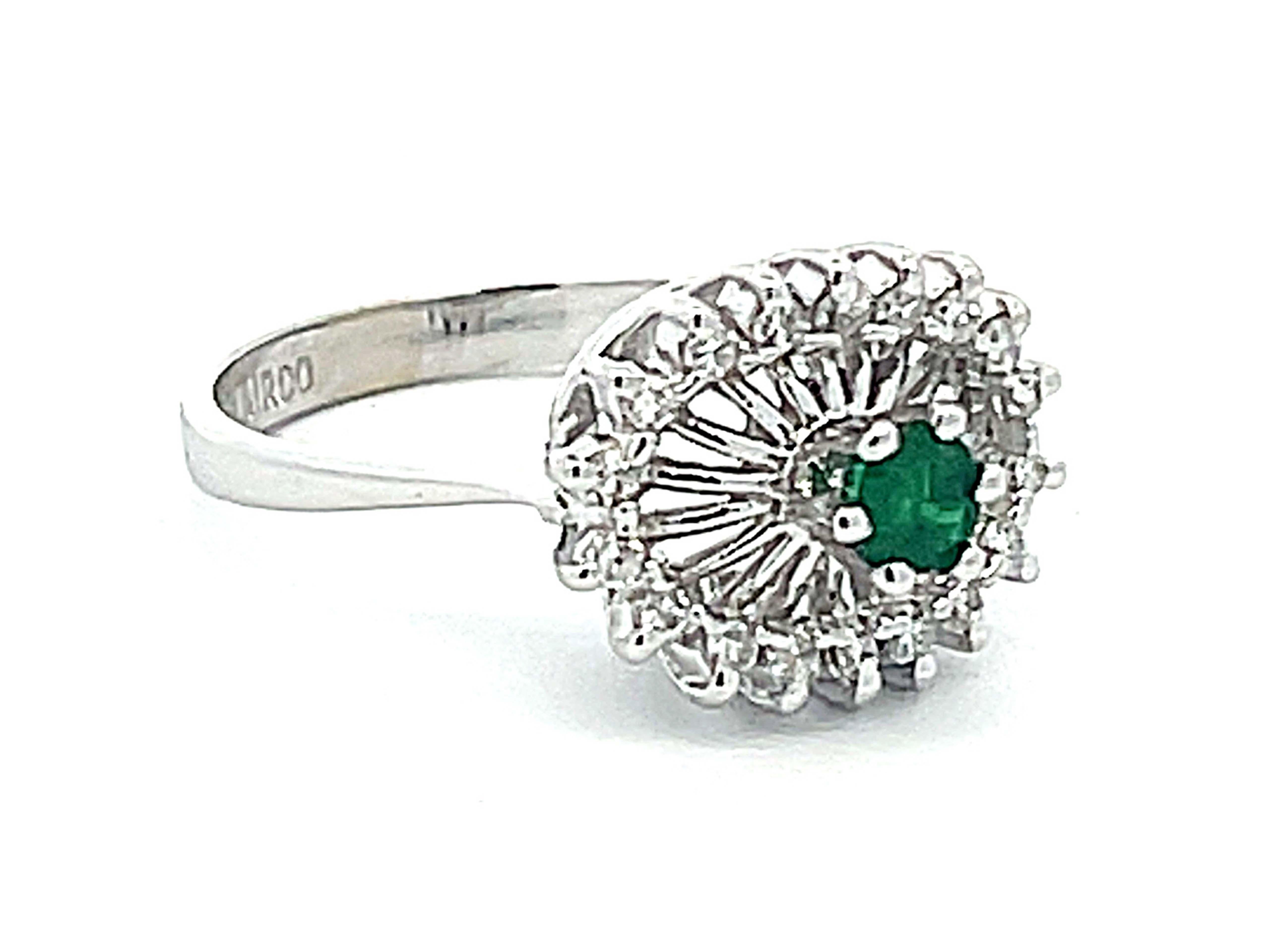 Modern Green Emerald and Diamond Halo Ring in 14k White Gold For Sale