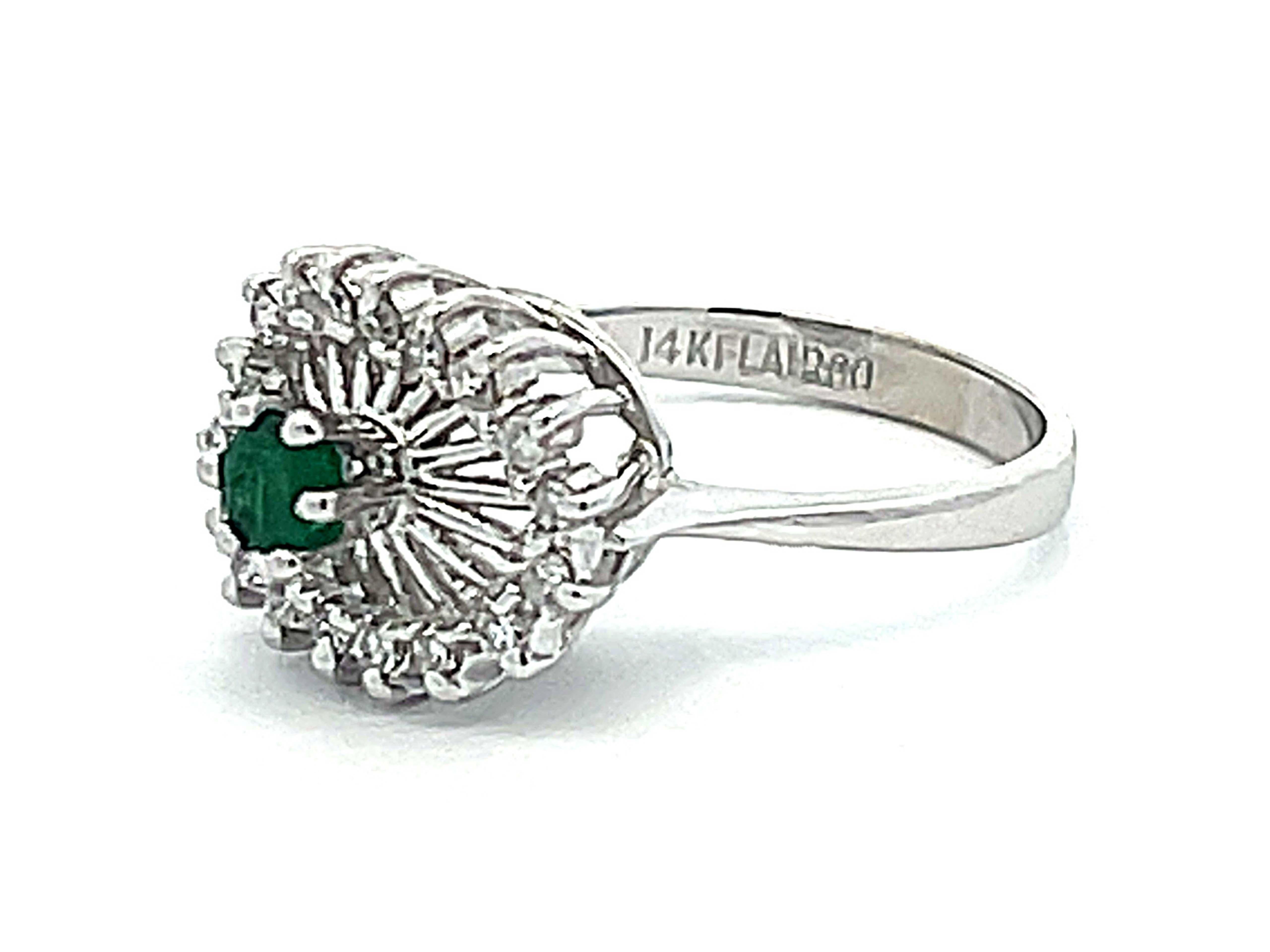 Round Cut Green Emerald and Diamond Halo Ring in 14k White Gold For Sale