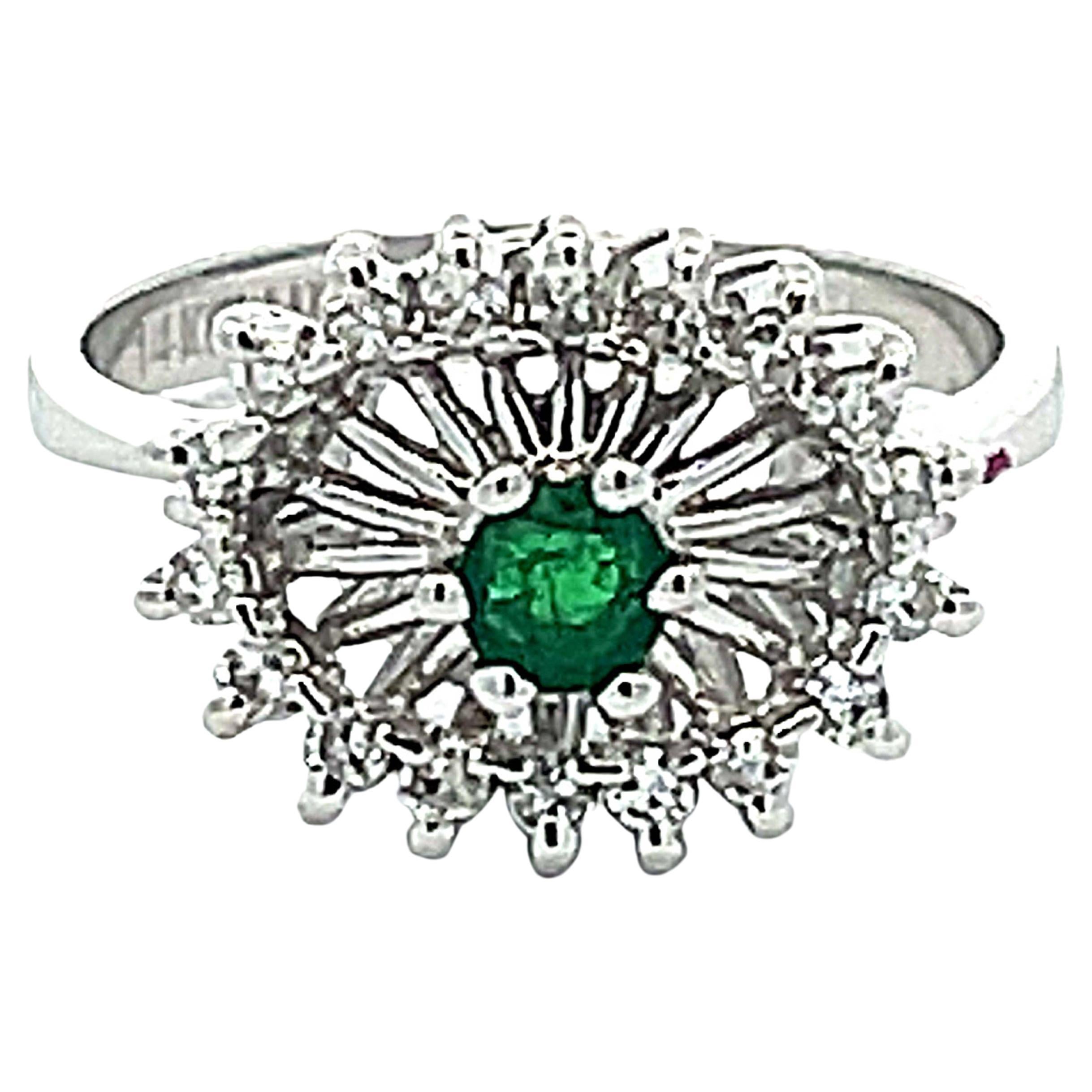 Green Emerald and Diamond Halo Ring in 14k White Gold For Sale