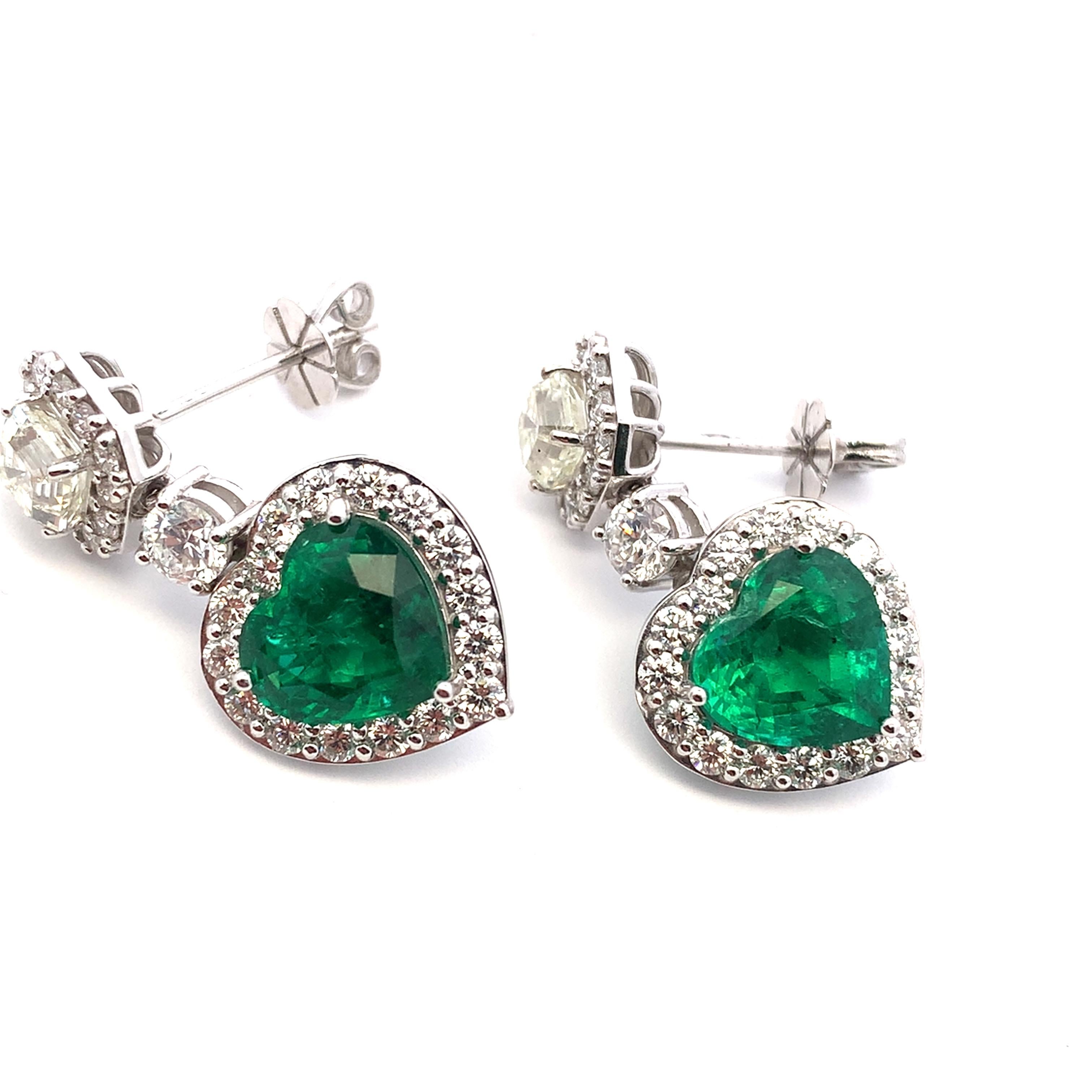Heart Cut Green emerald and diamond heart shaped drop earrings 18k white gold For Sale