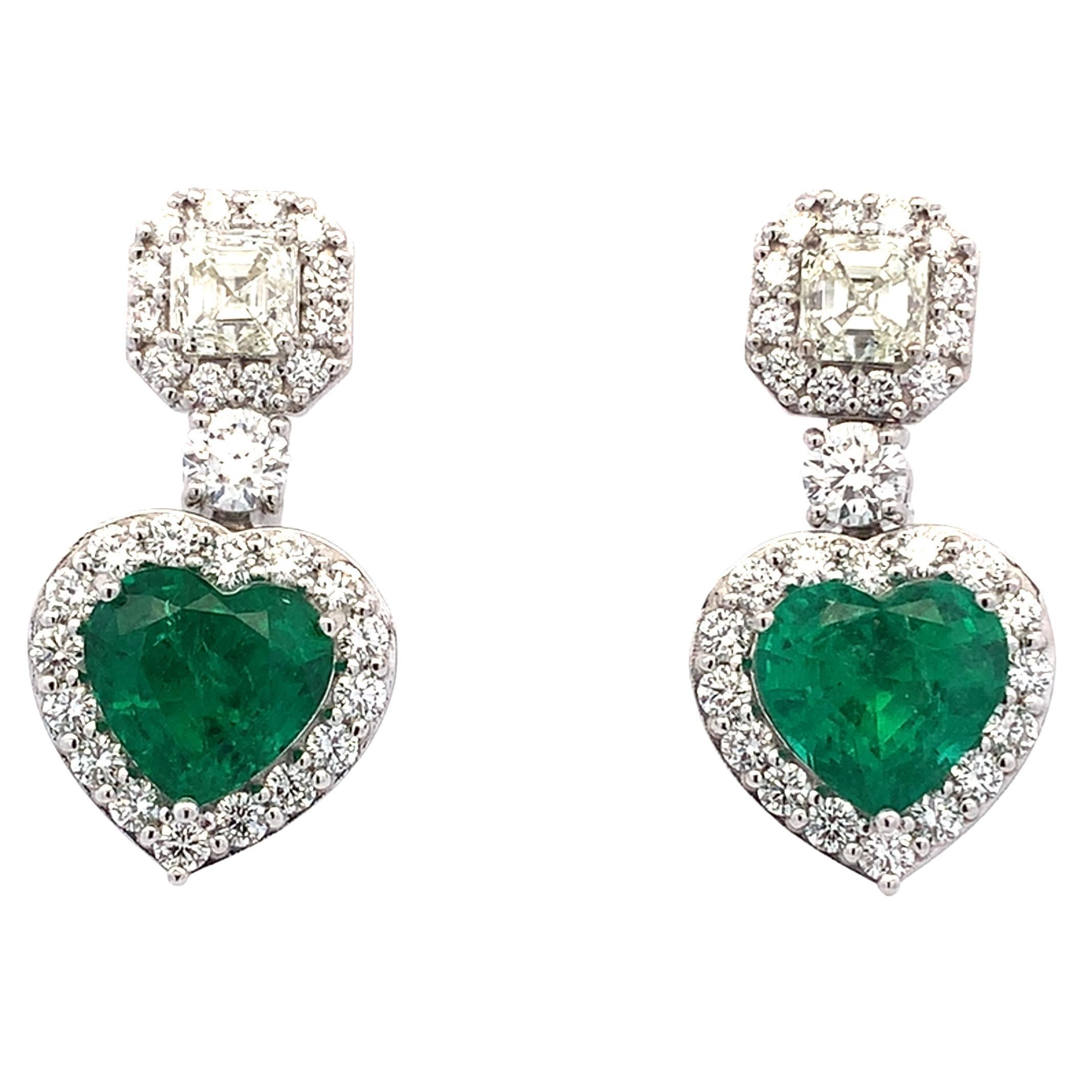 Green emerald and diamond heart shaped drop earrings 18k white gold For Sale
