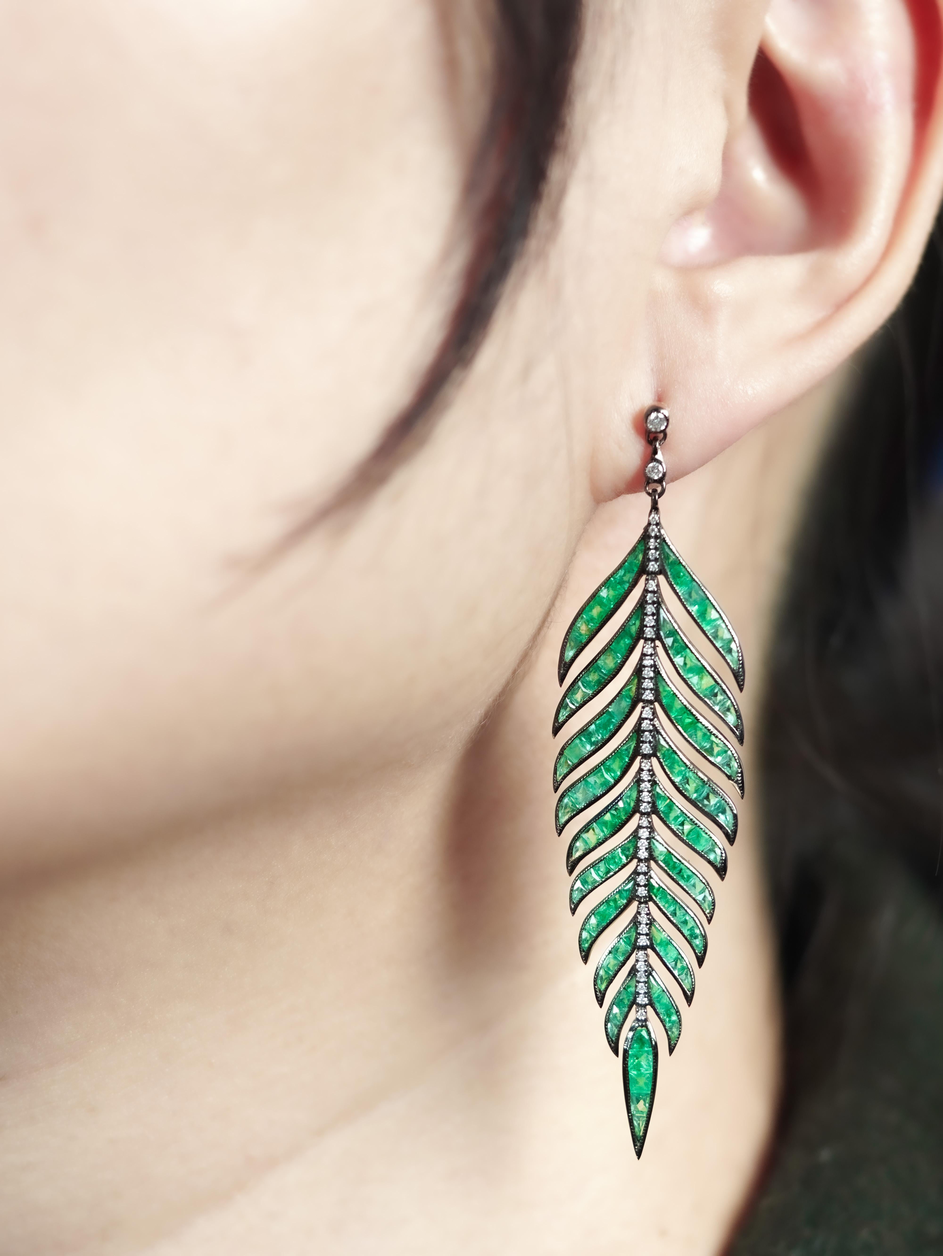 French Cut Green Emerald and Diamond Leaf Antique  Style Dangle Earrings in 18K White Gold For Sale