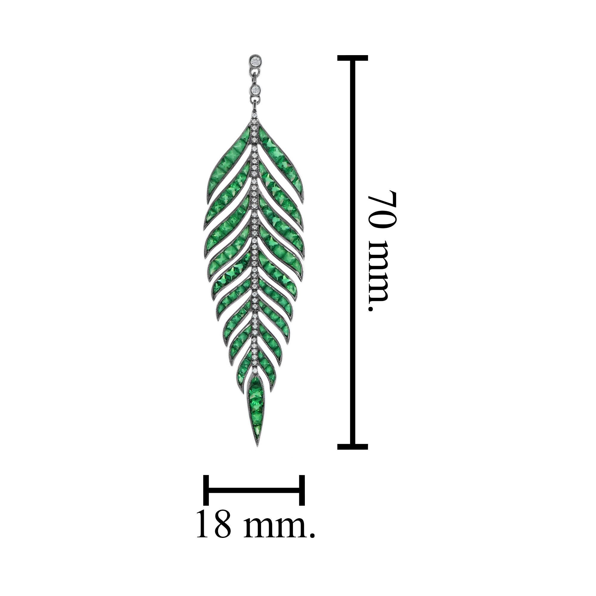 Green Emerald and Diamond Leaf Antique  Style Dangle Earrings in 18K White Gold For Sale 2