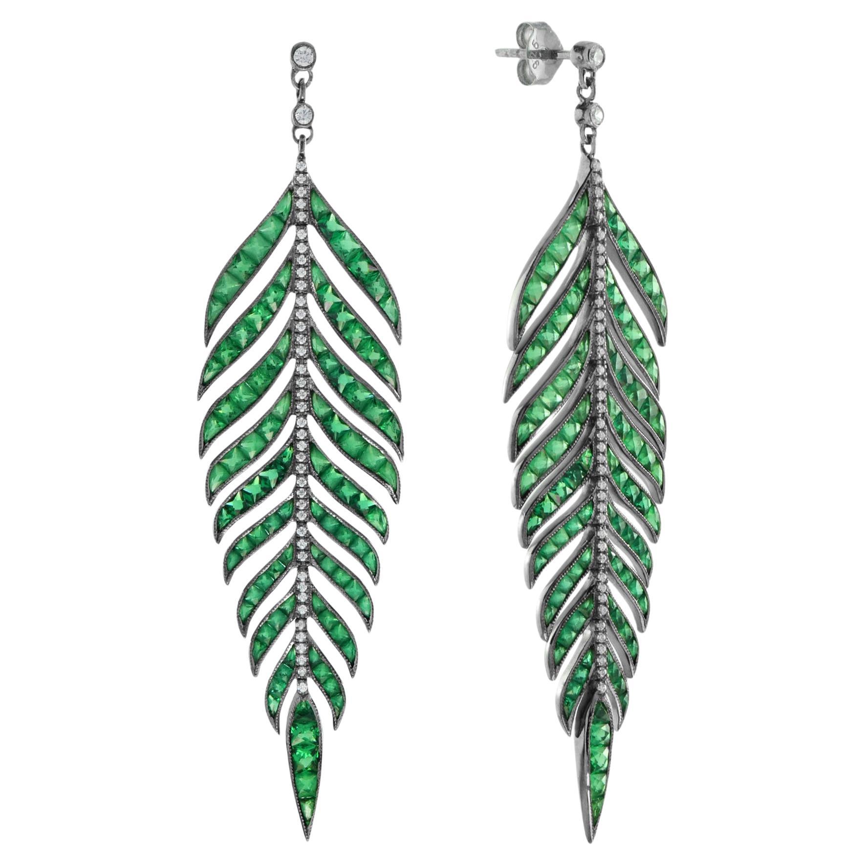 Green Emerald and Diamond Leaf Antique Style Dangle Earrings in 18K White Gold